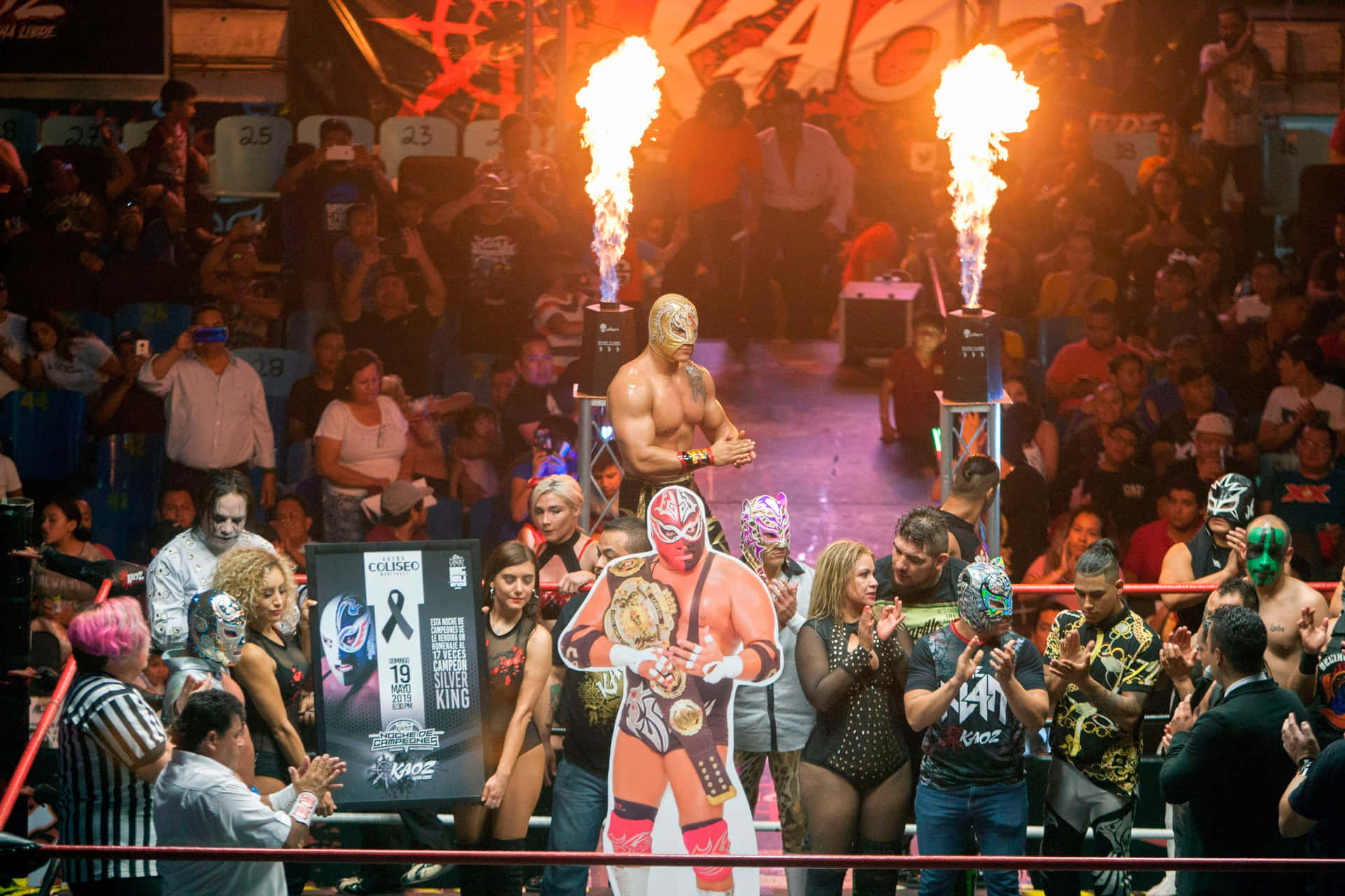 Lucha Libre Wrestlers Entrance With Flames Background