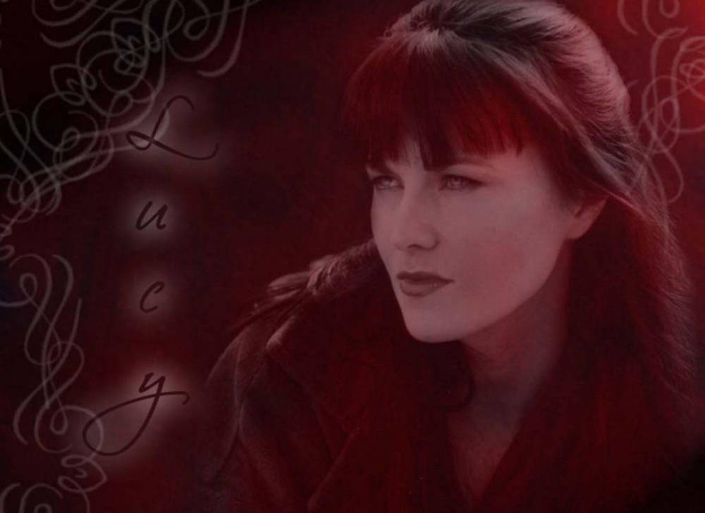 Lucy Lawless Lovely Red Scale Background