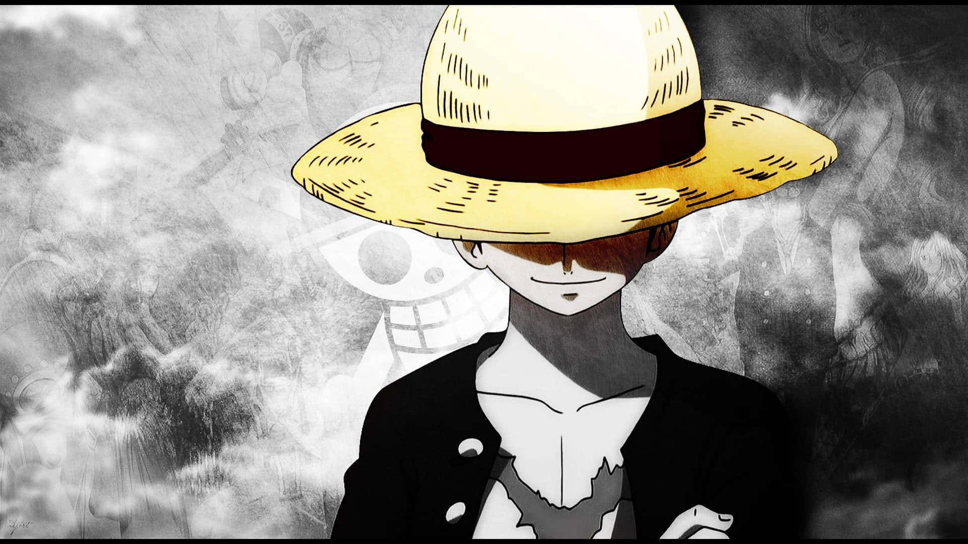 Luffy Shows Off His Signature Straw Hat In Black And White Background