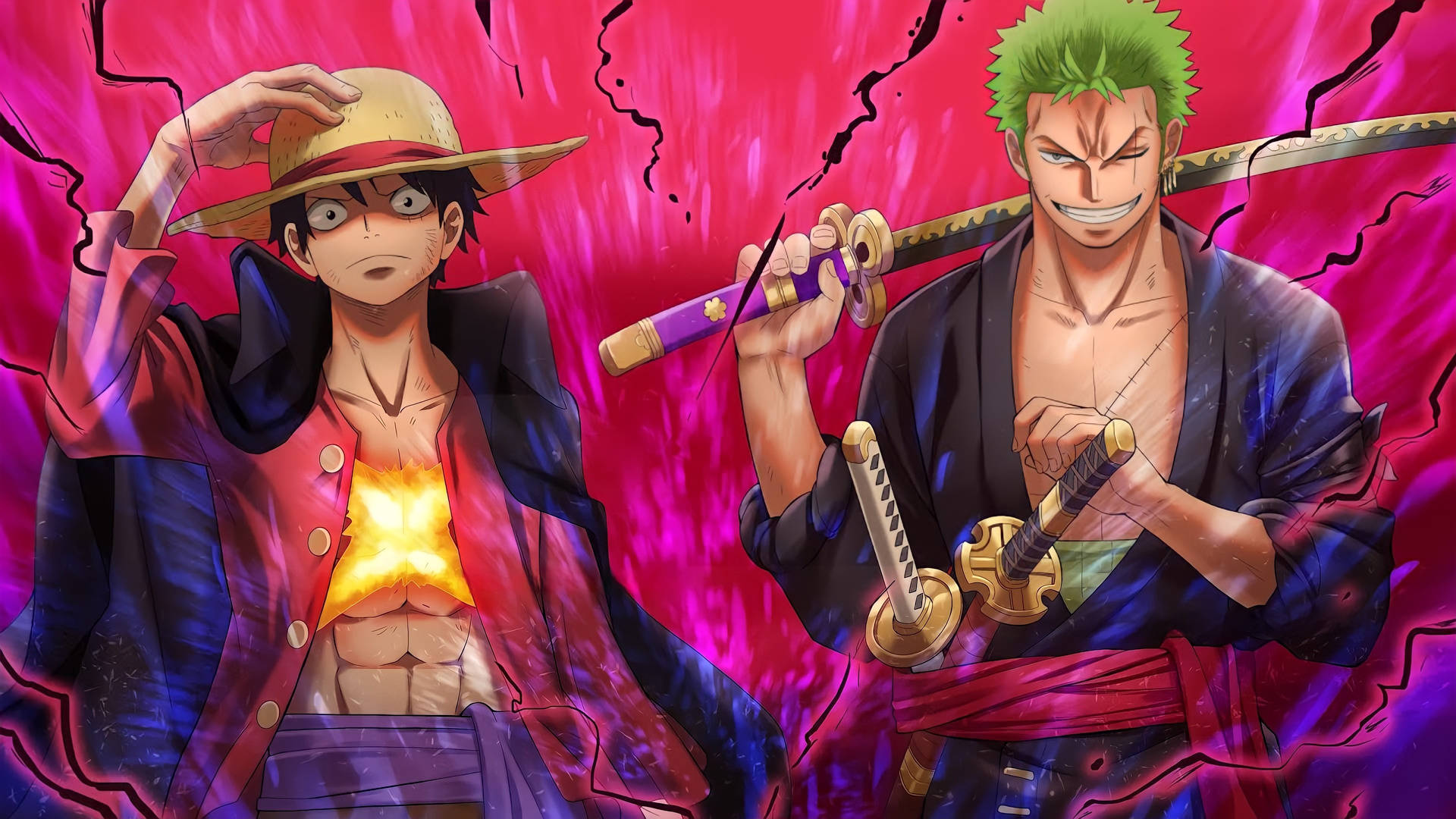 Luffy Zoro Pink Raging Art Desktop Background