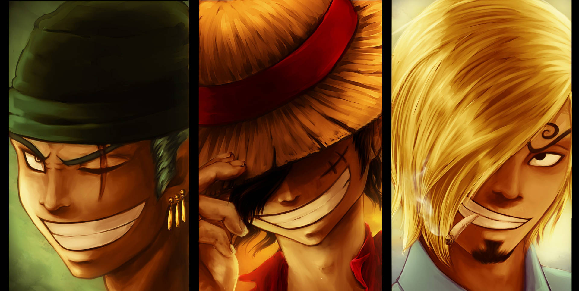 Luffy Zoro Sanji Foolish Smile Art Desktop Background