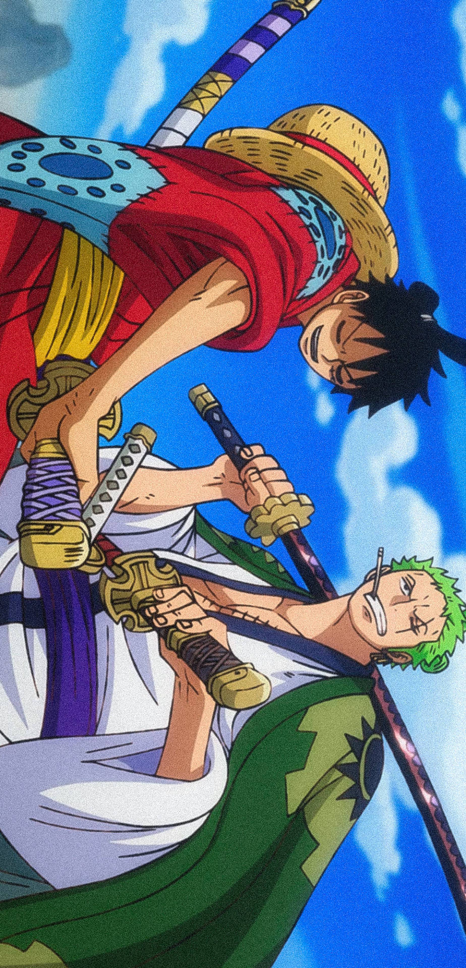 Luffy Zoro Sword Pose Blue Sky Mobile Background