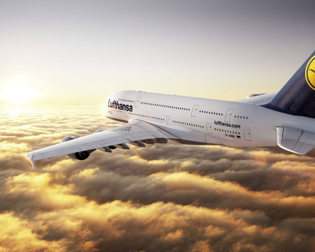 Lufthansa Plane Over Golden Sea Of Clouds Background