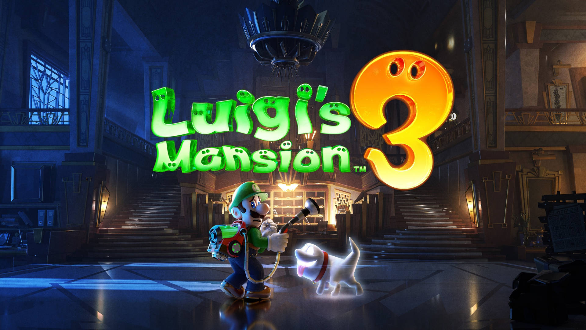 Luigi's Mansion 3 Luigi And Polterpup With Logo Background