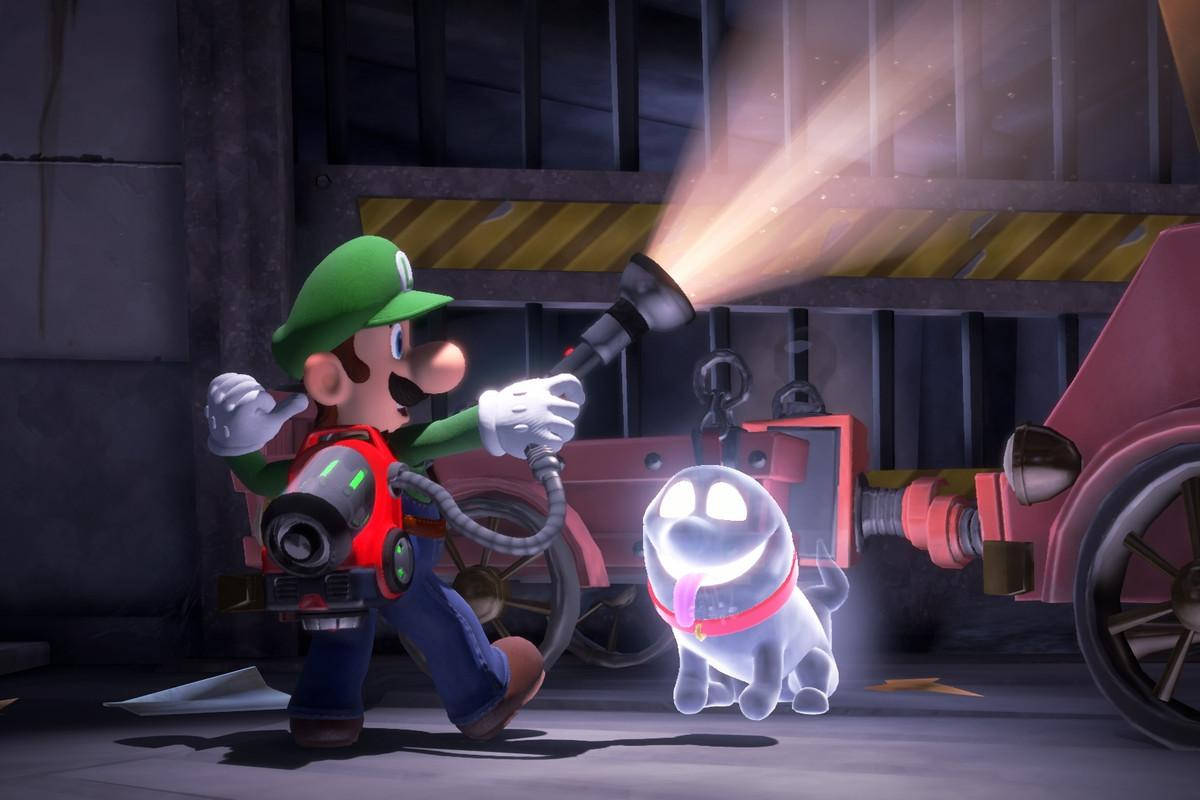 Luigi's Mansion 3 Luigi Using Strobulb With Polterpup Background