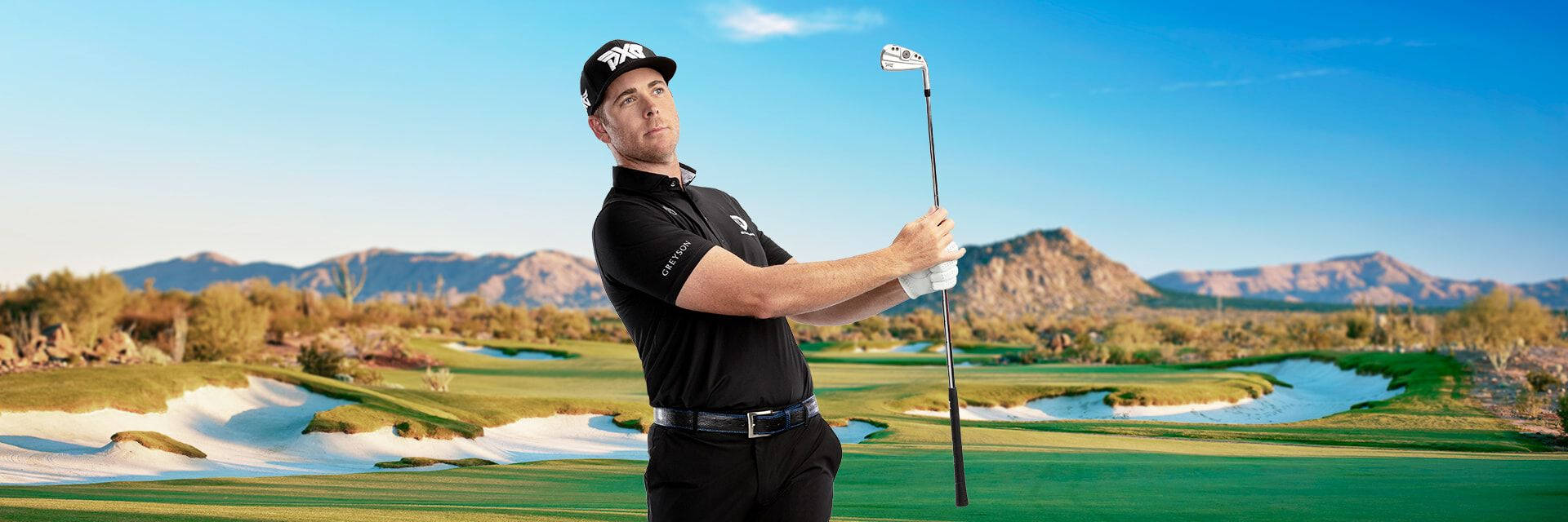 Luke List Posing With Golf Club Background