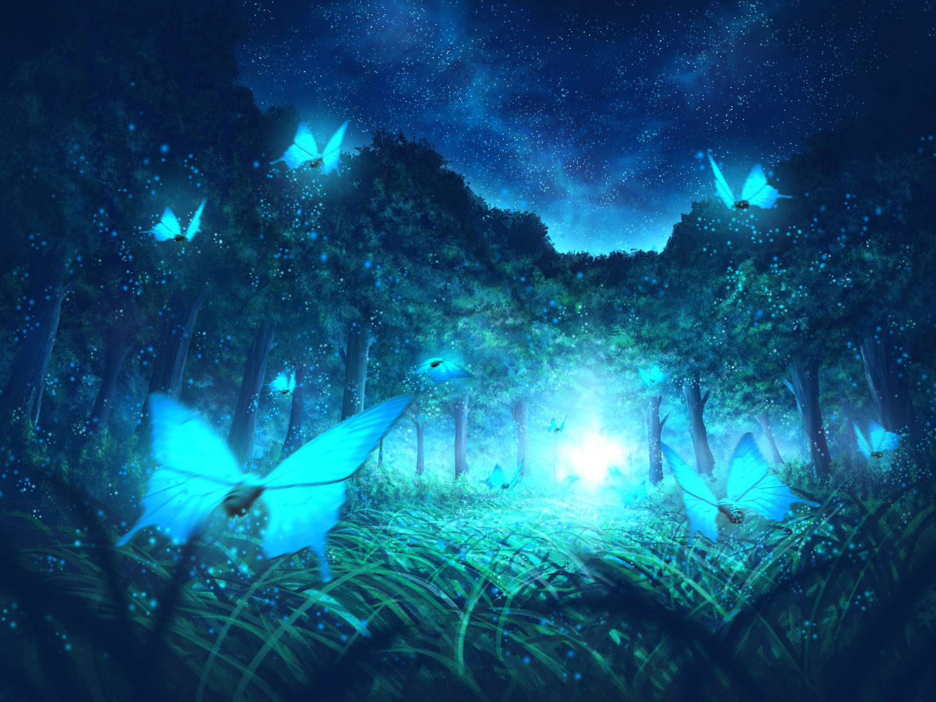 Luminous Butterflies In Forest Background