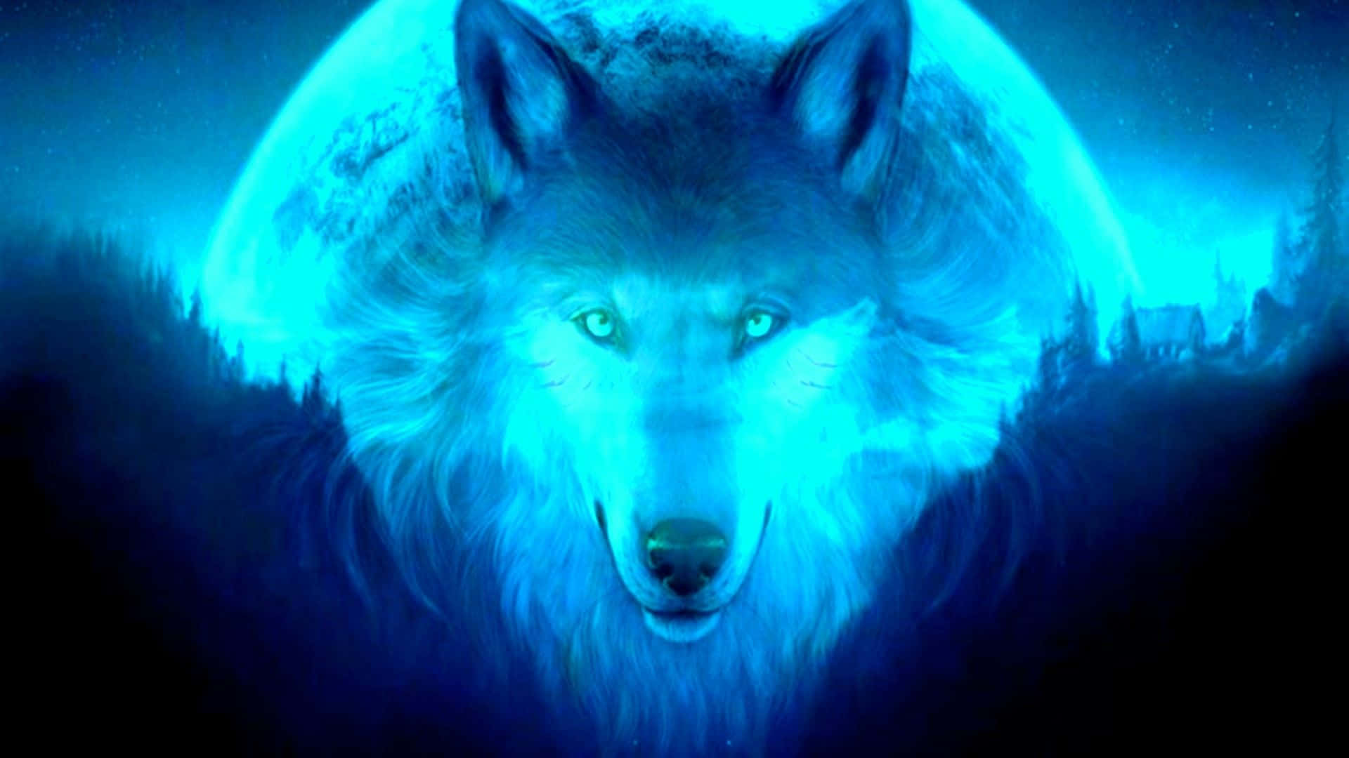 Luminous Cool Blue Wolf In Sky Background