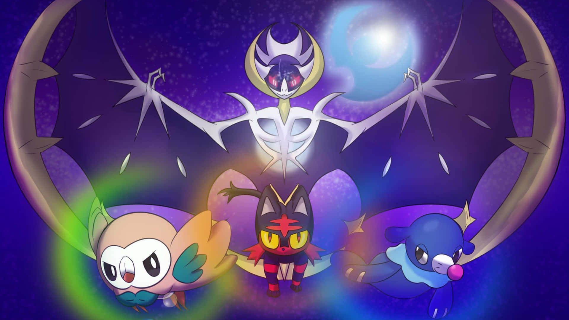 Lunala, Rowlet, Litten, And Popplio Background