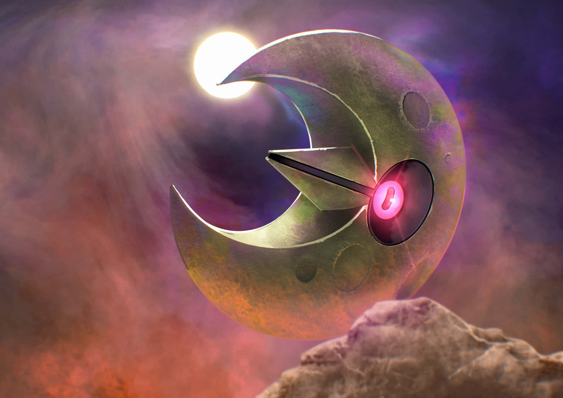 Lunatone With Glowing Eyes And Clouds Background