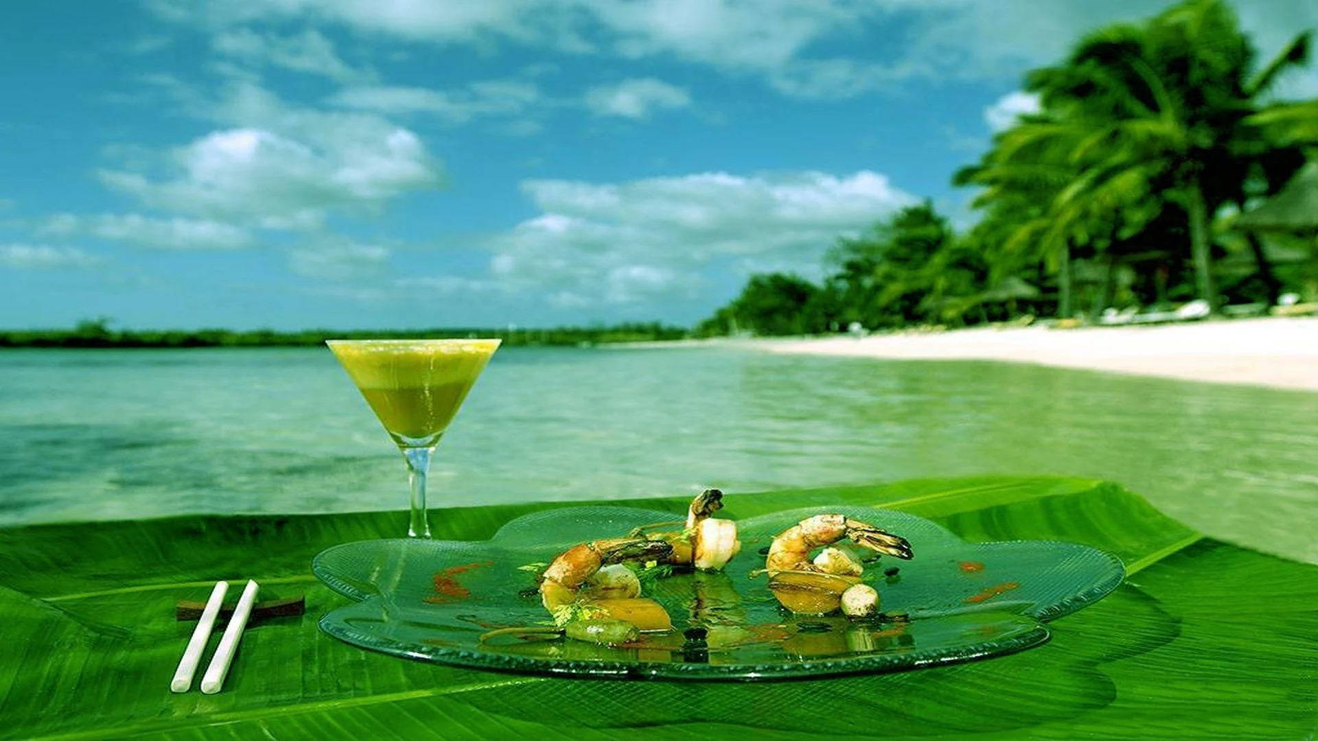 Lunch Beside The Sea With Shrimps Background