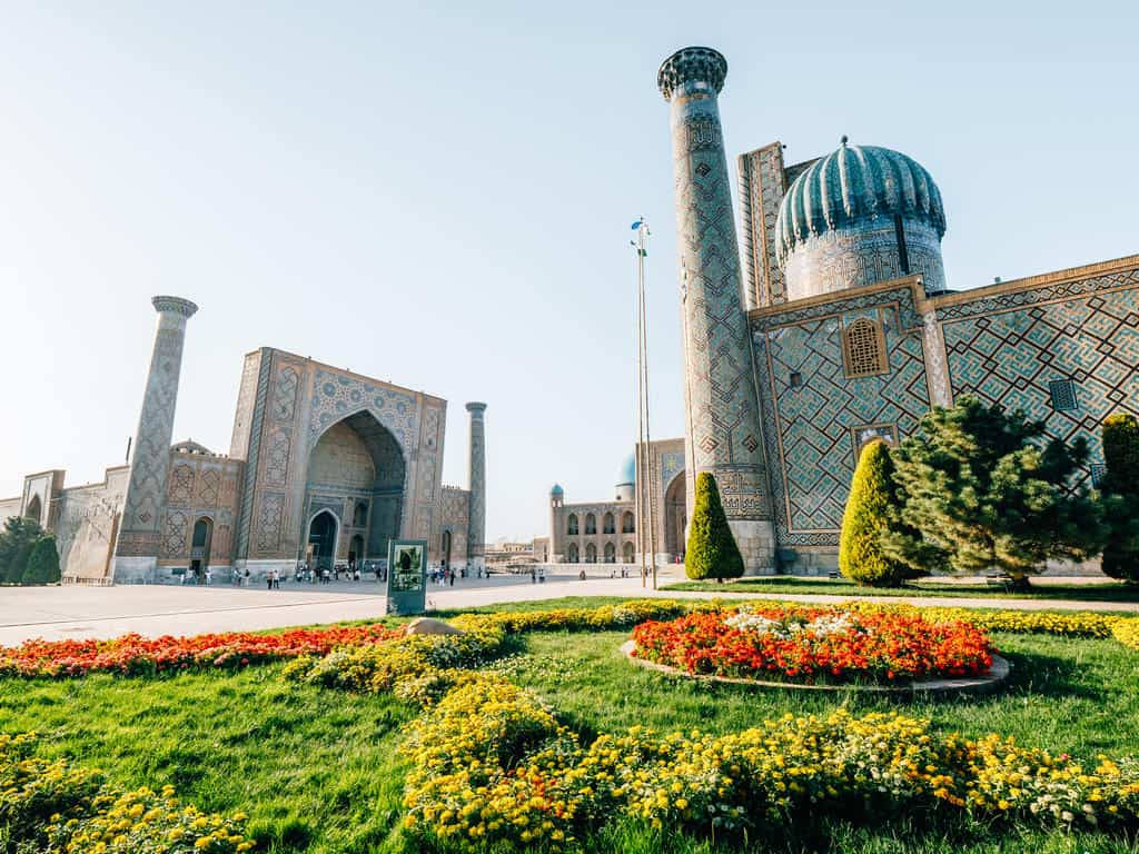 Lush Garden Registan Square Samarkand Background