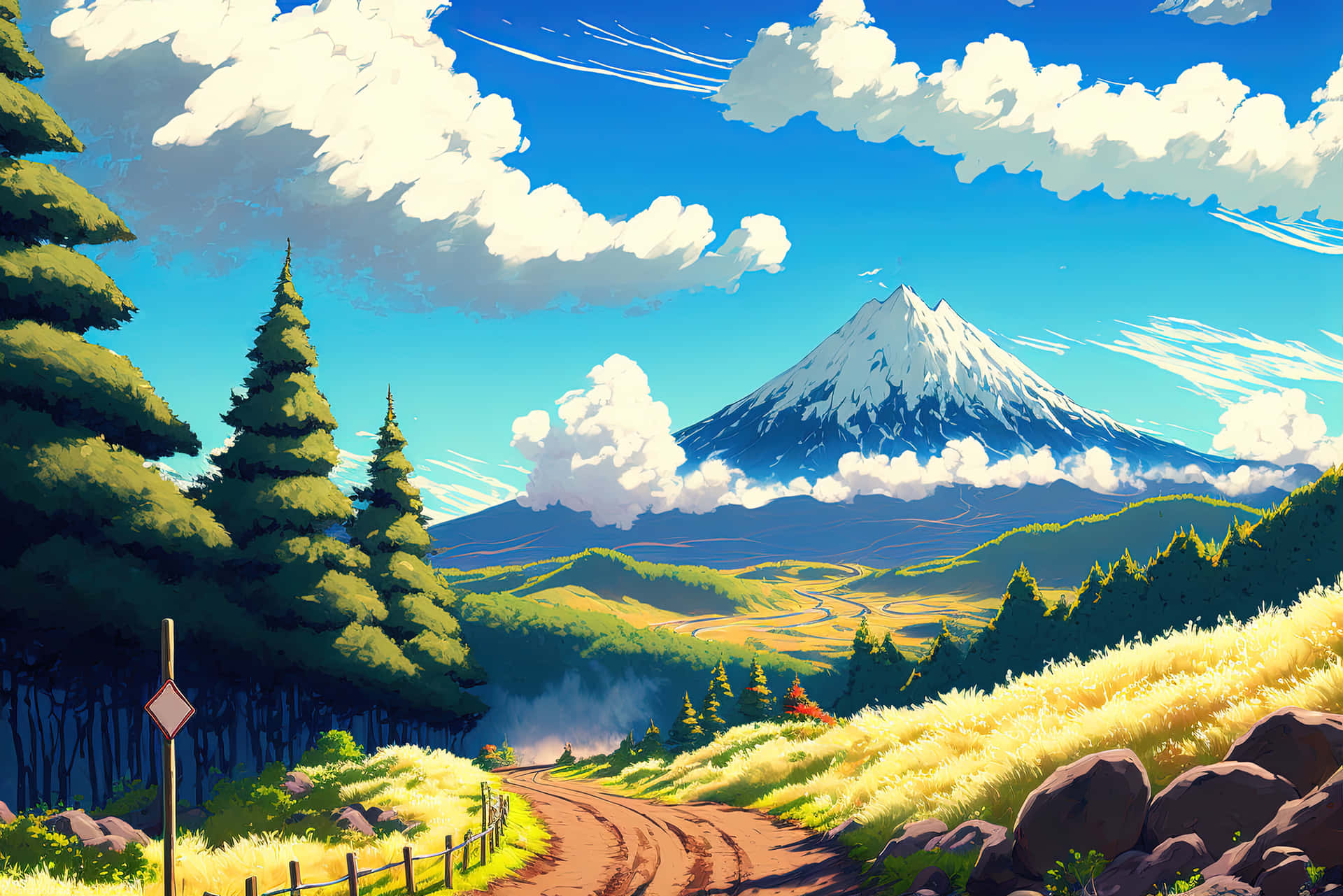 Lush Meadows And Pixelated Mountains Span The Horizon In This Peaceful Landscape. Background