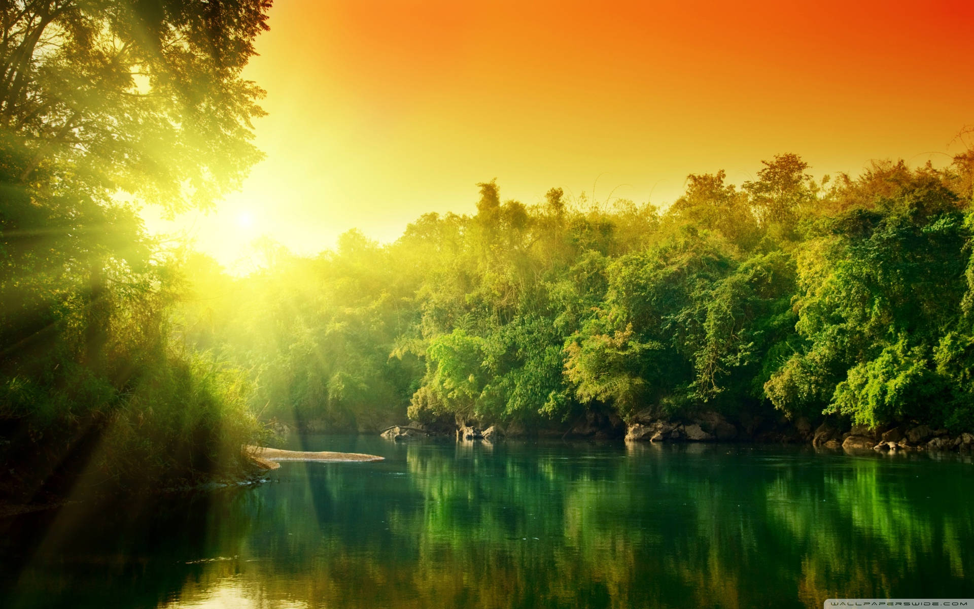 Lush Scenery Under Orange Sky Background