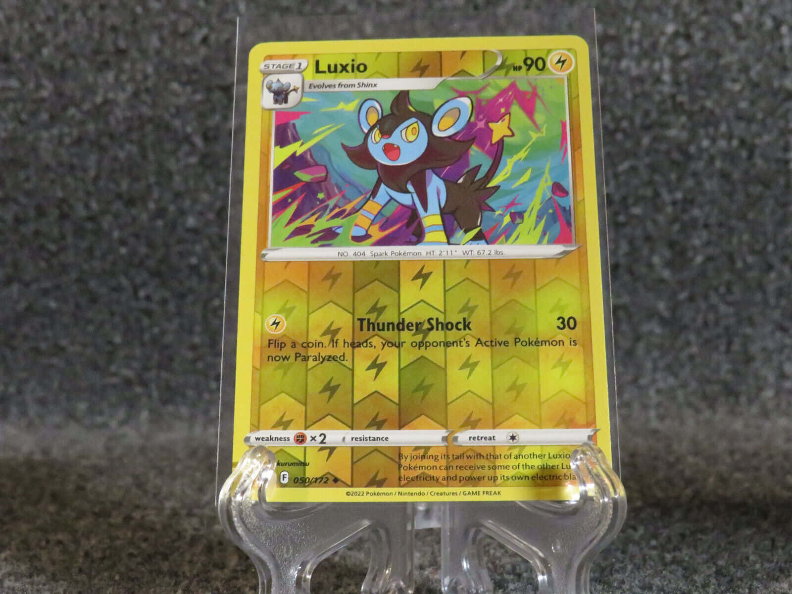 Luxio Pokemon Trading Card Displayed On Clear Stand Background