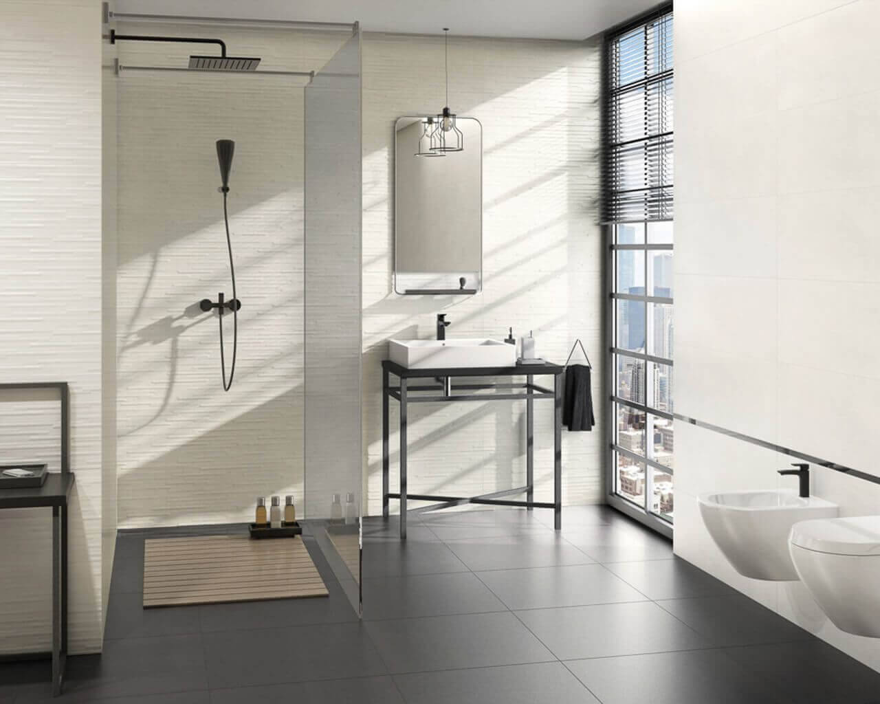 Luxurious Bathroom With Polished Black Floor Tiles