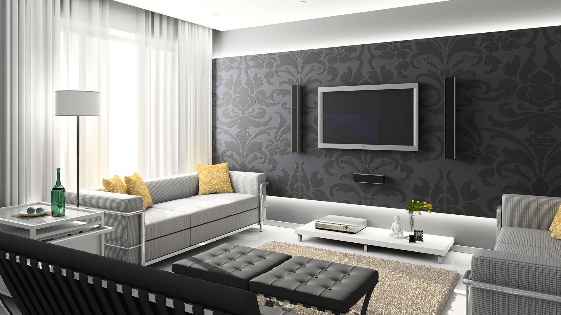 Luxurious Living Room With Black Wall Paint Art Background