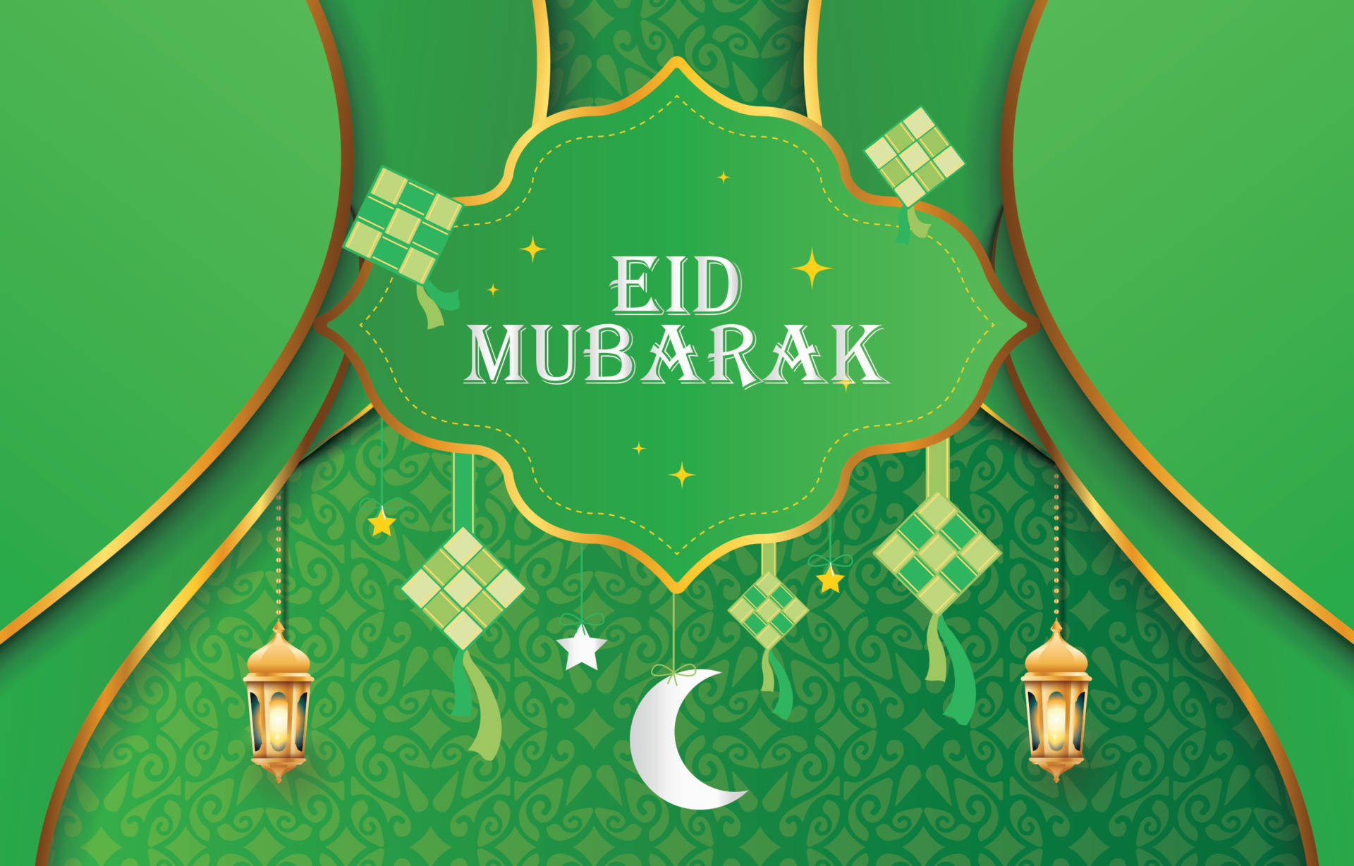 Luxury Eid Mubarak Celebration With Golden Crescent Moon And Lanterns Decoration Background