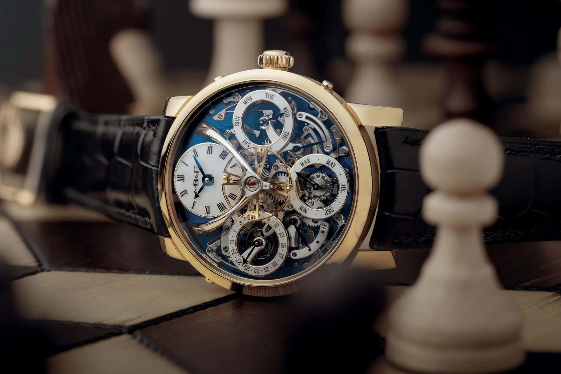 Luxury Skeleton Watch Chessboard Background