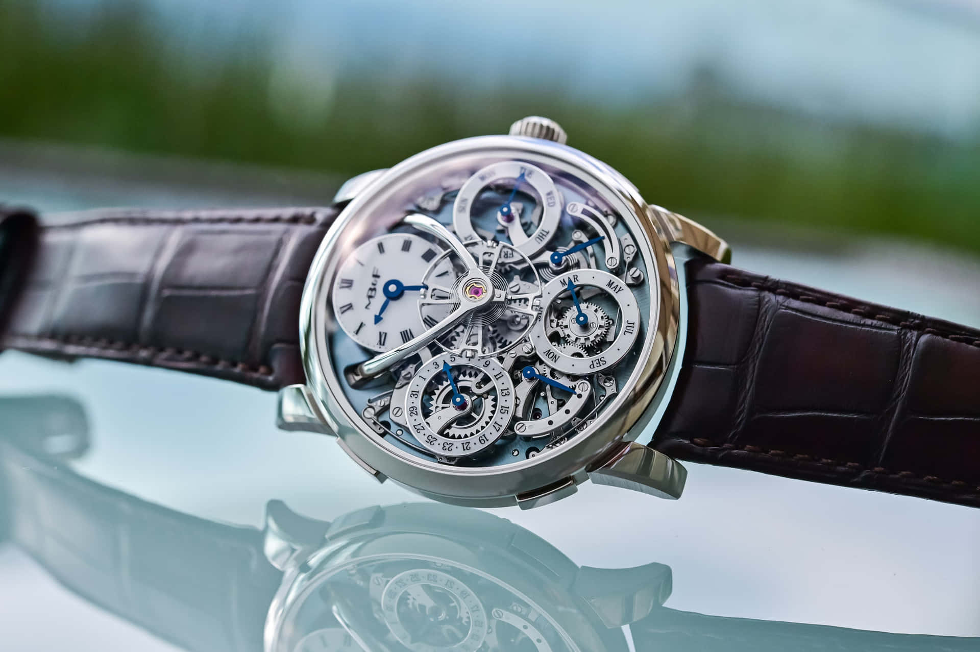 Luxury Skeleton Watch Leather Strap Background