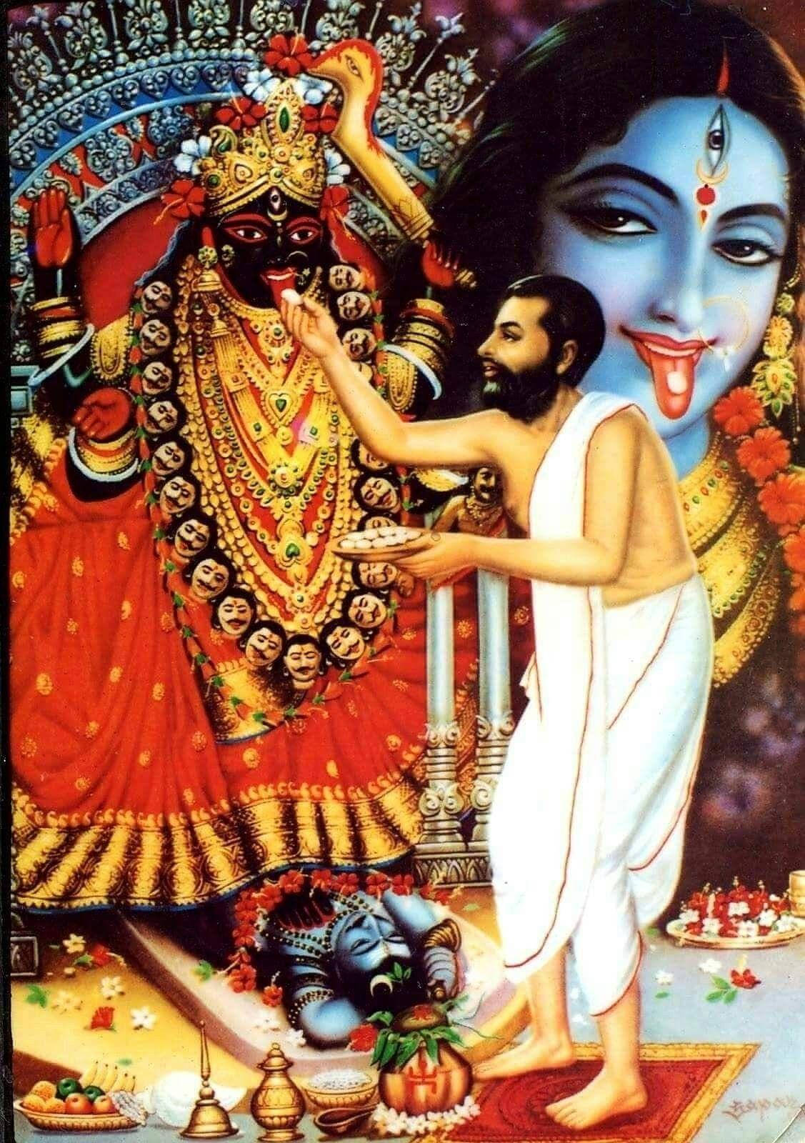 Maa Kali And Shiva With Devotee Painting