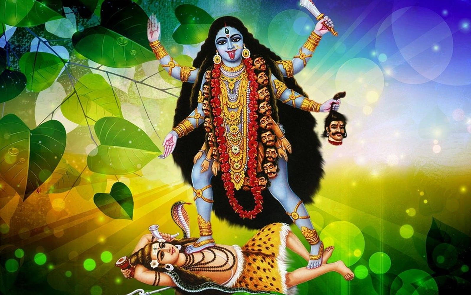 Maa Kali On Shiva Leaves Green Aesthetic Background