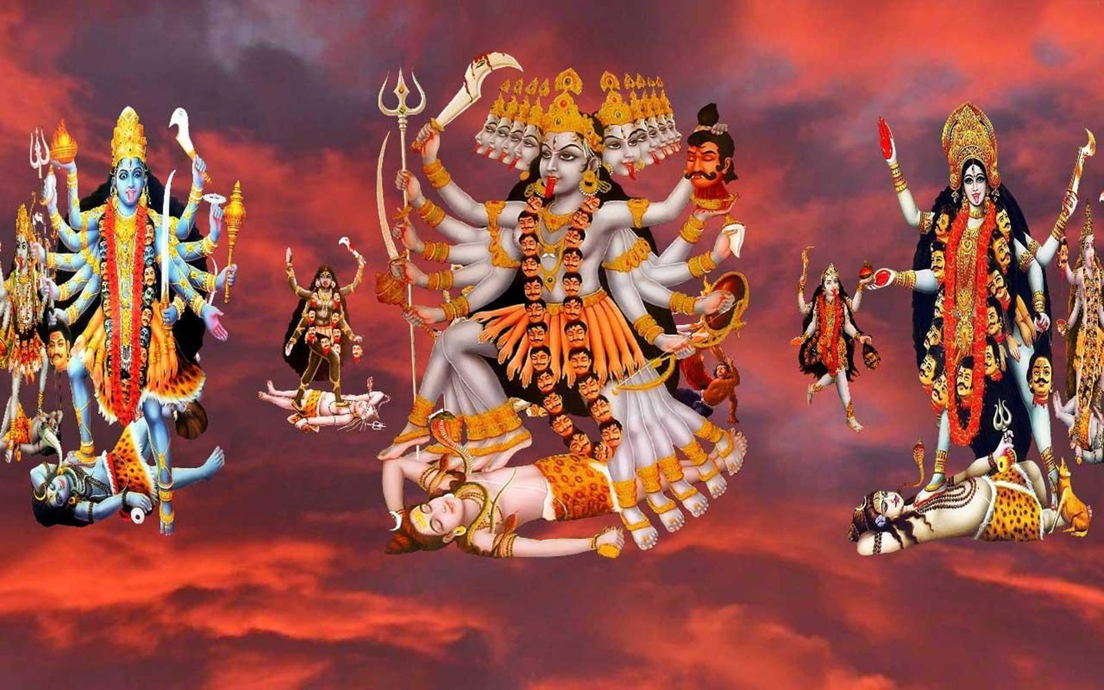 Maa Kali On Shiva Paintings On Red Sky