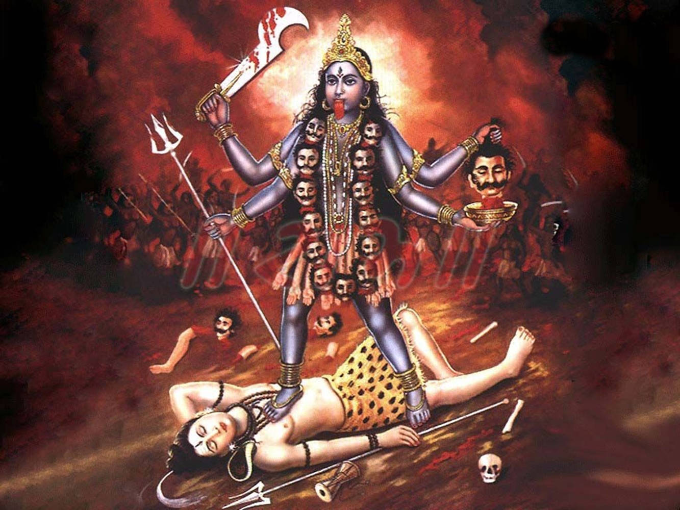 Maa Kali On Shiva Red Aesthetic With People