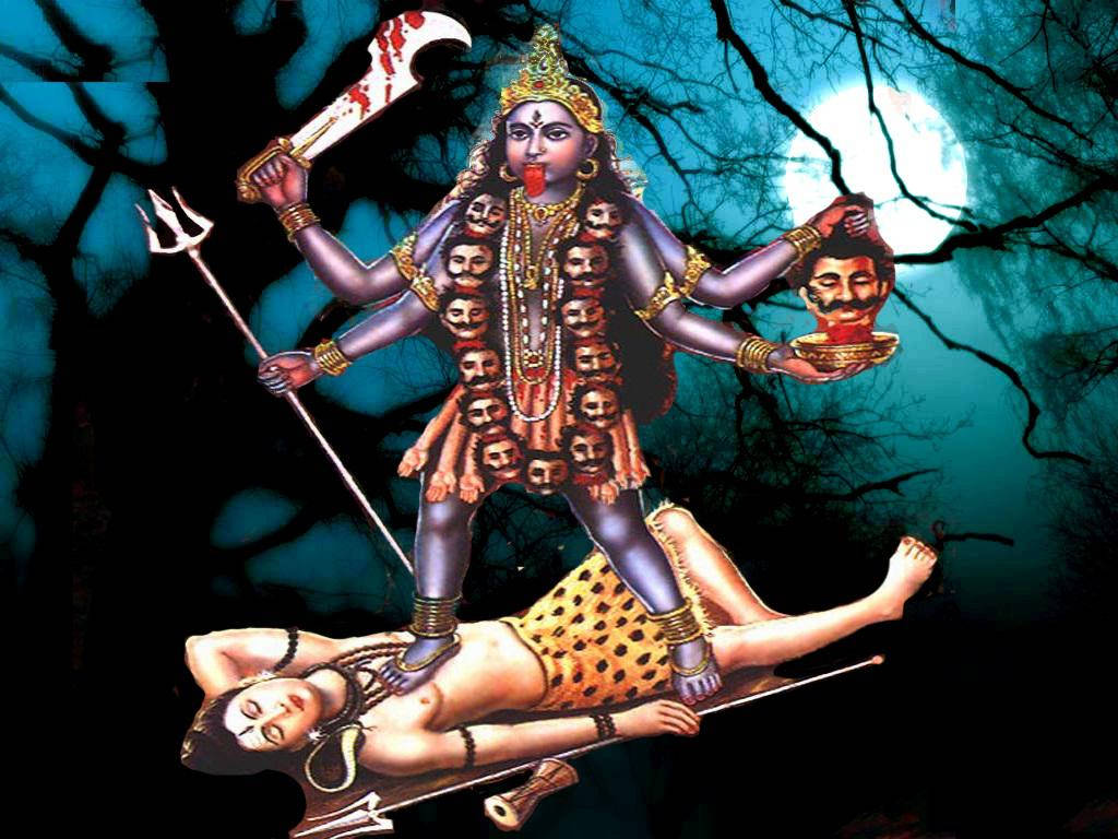 Maa Kali On Shiva Spooky Forest Background