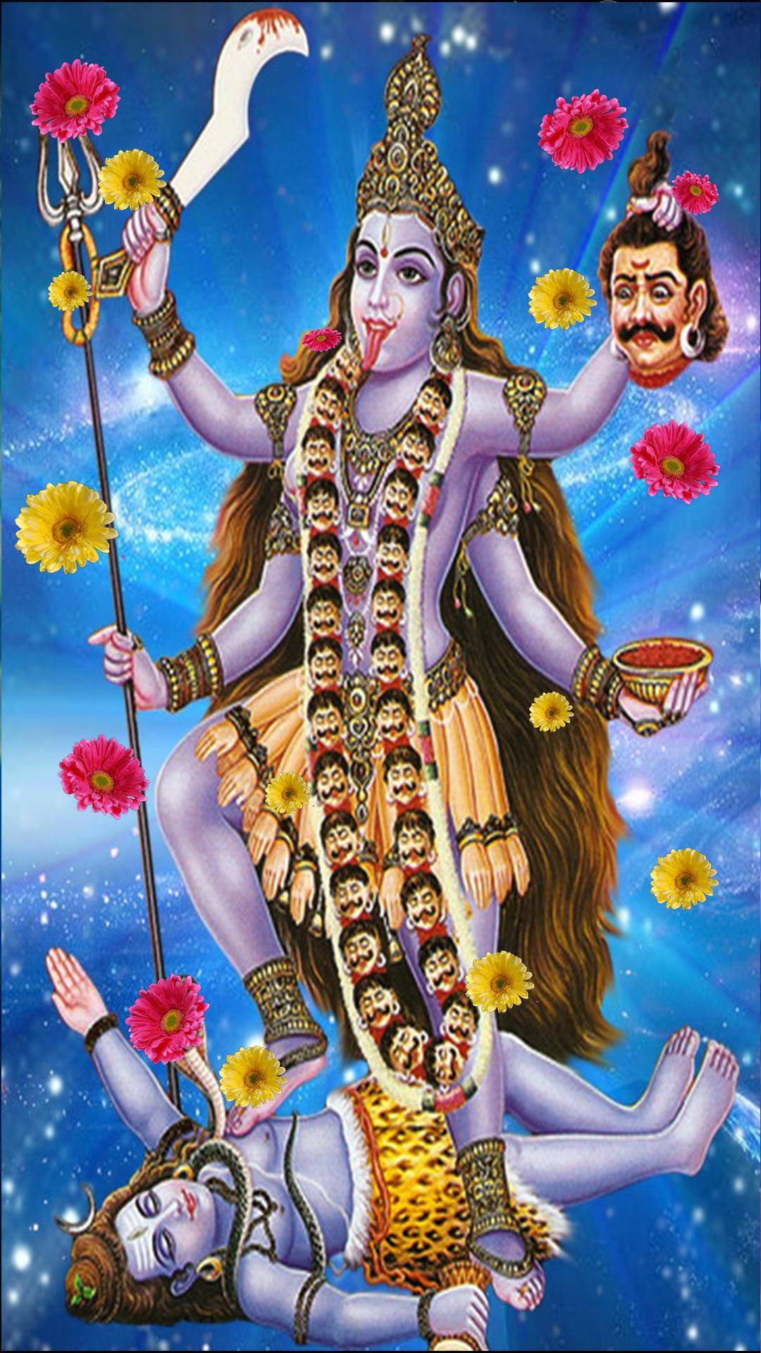 Maa Kali Shiva Blue Galaxy With Flowers