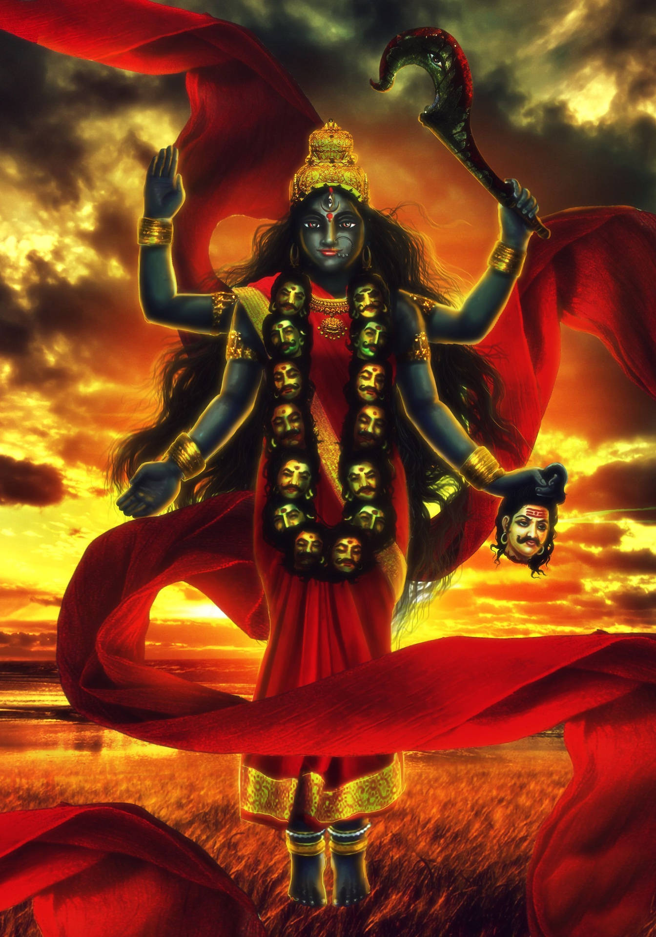 Maa Kali With Red Ribbon Orange Sky Background