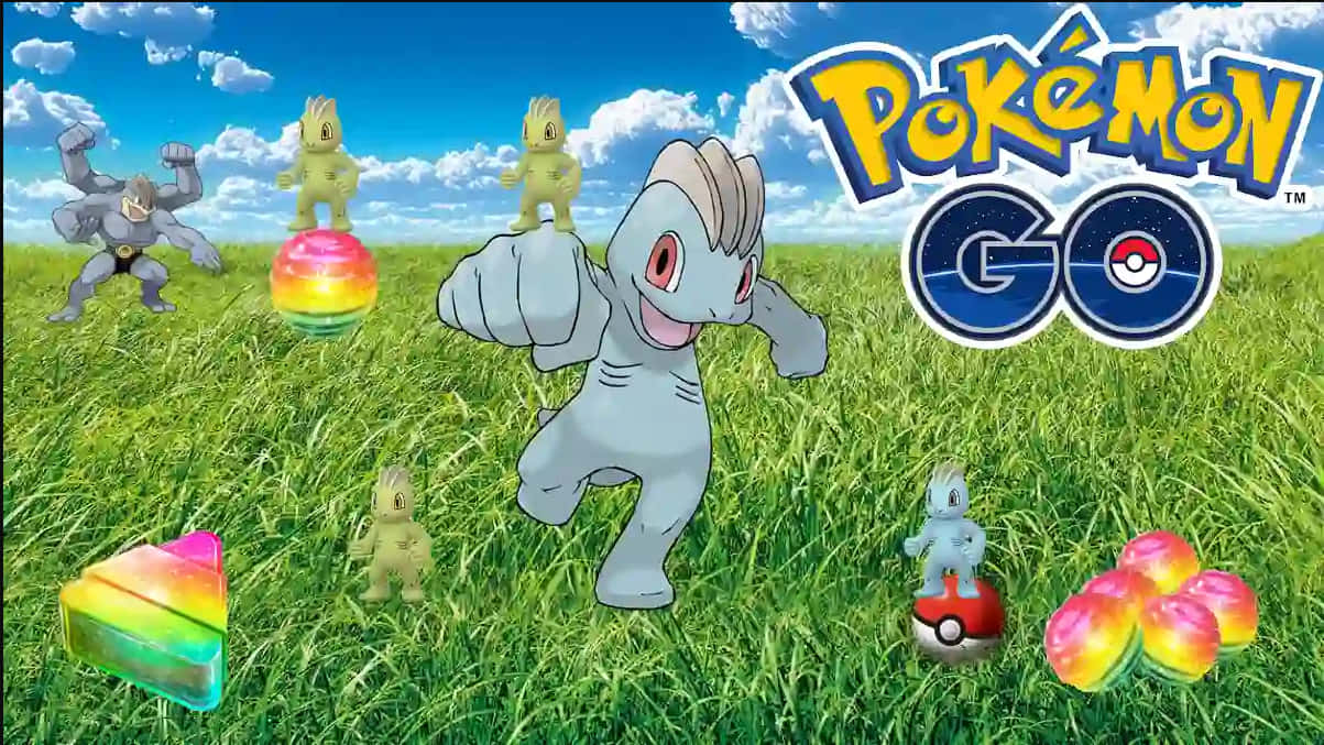 Machop And Machamp Flexing With The Pokemon Go Logo. Background