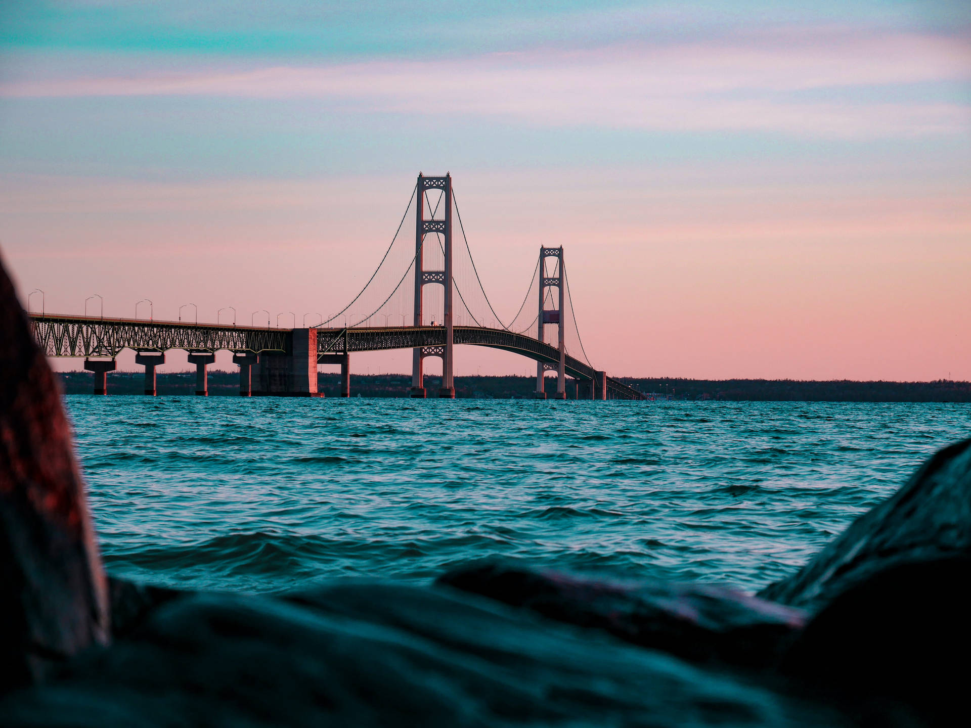 Mackinac Bridge During Soft Sunrise Background