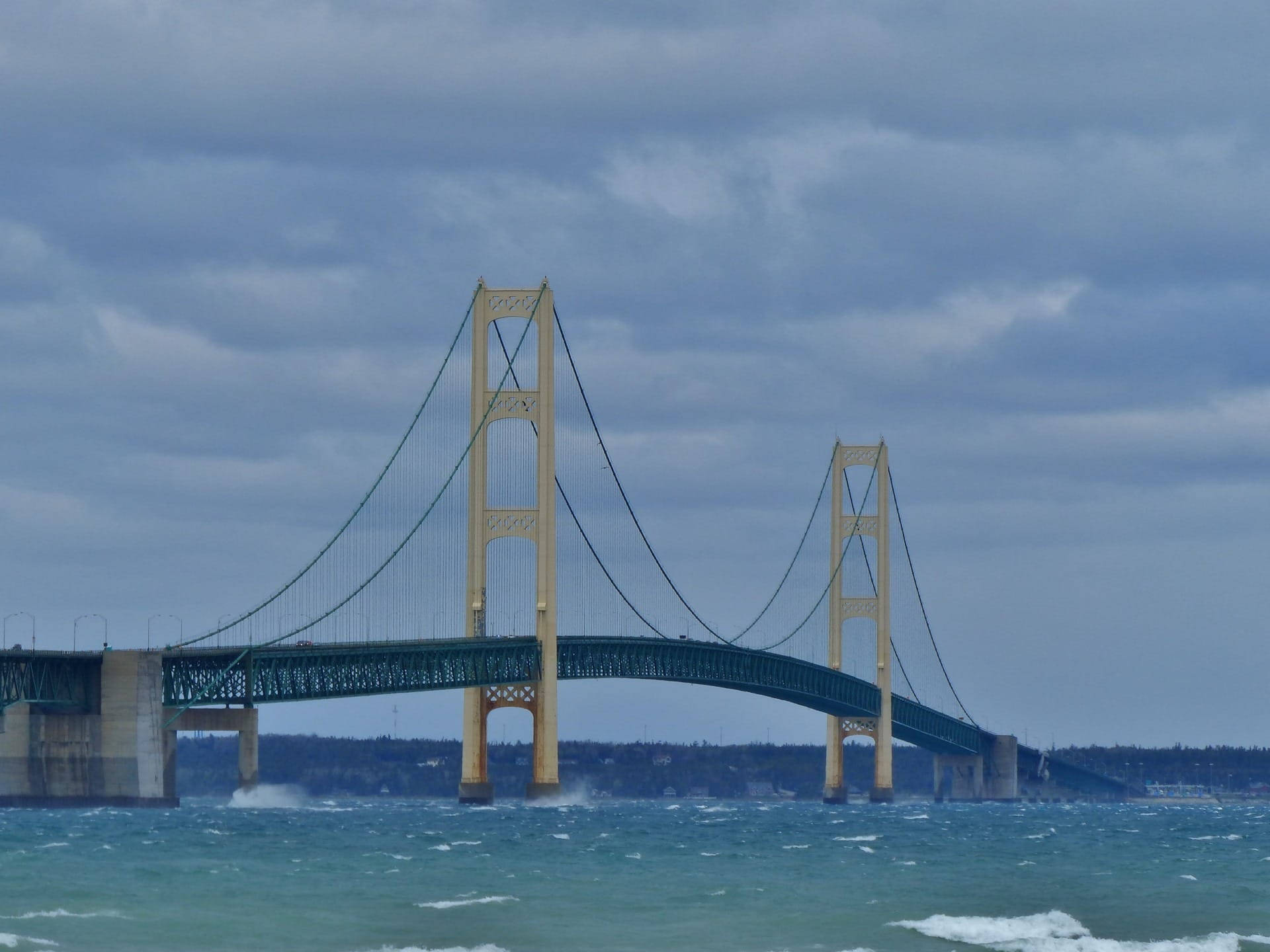 Mackinac Bridge Over Waves Background