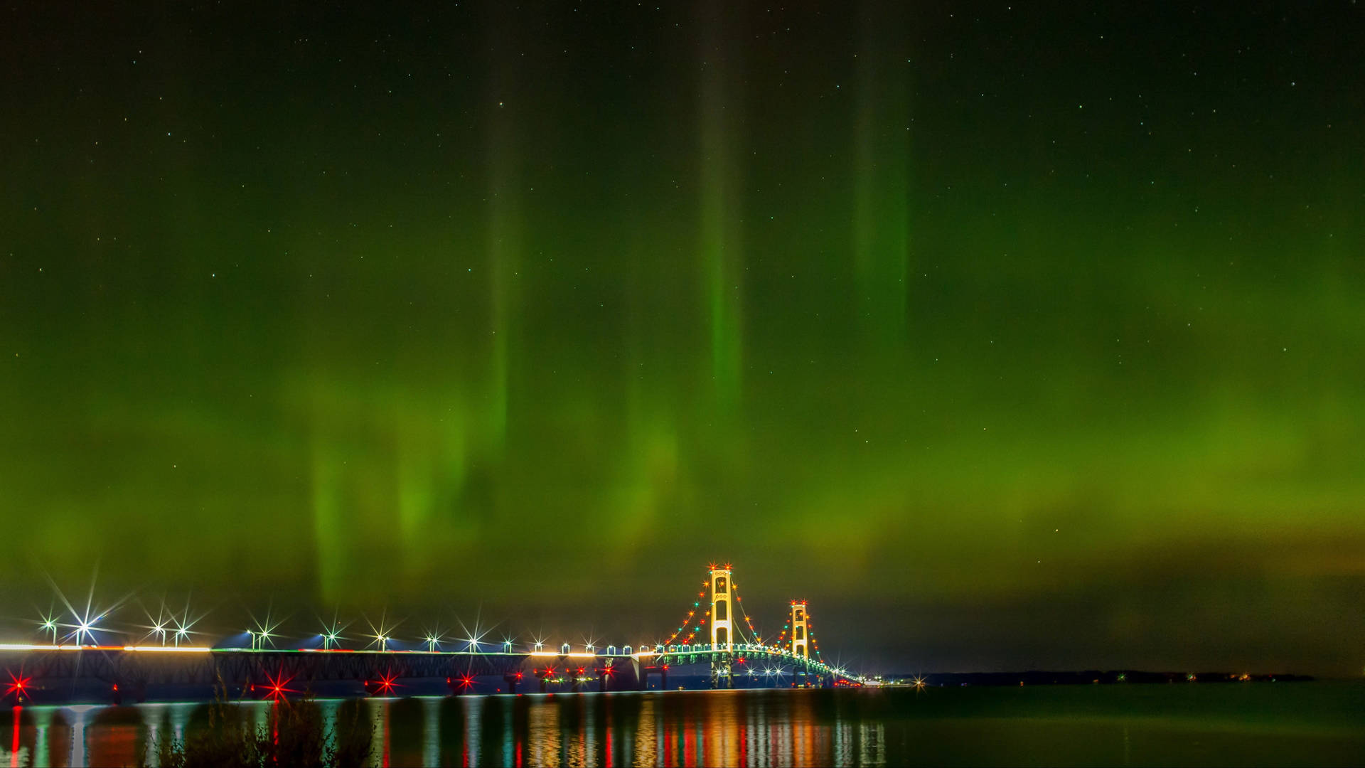 Mackinac Bridge With Aurora Borealis Background