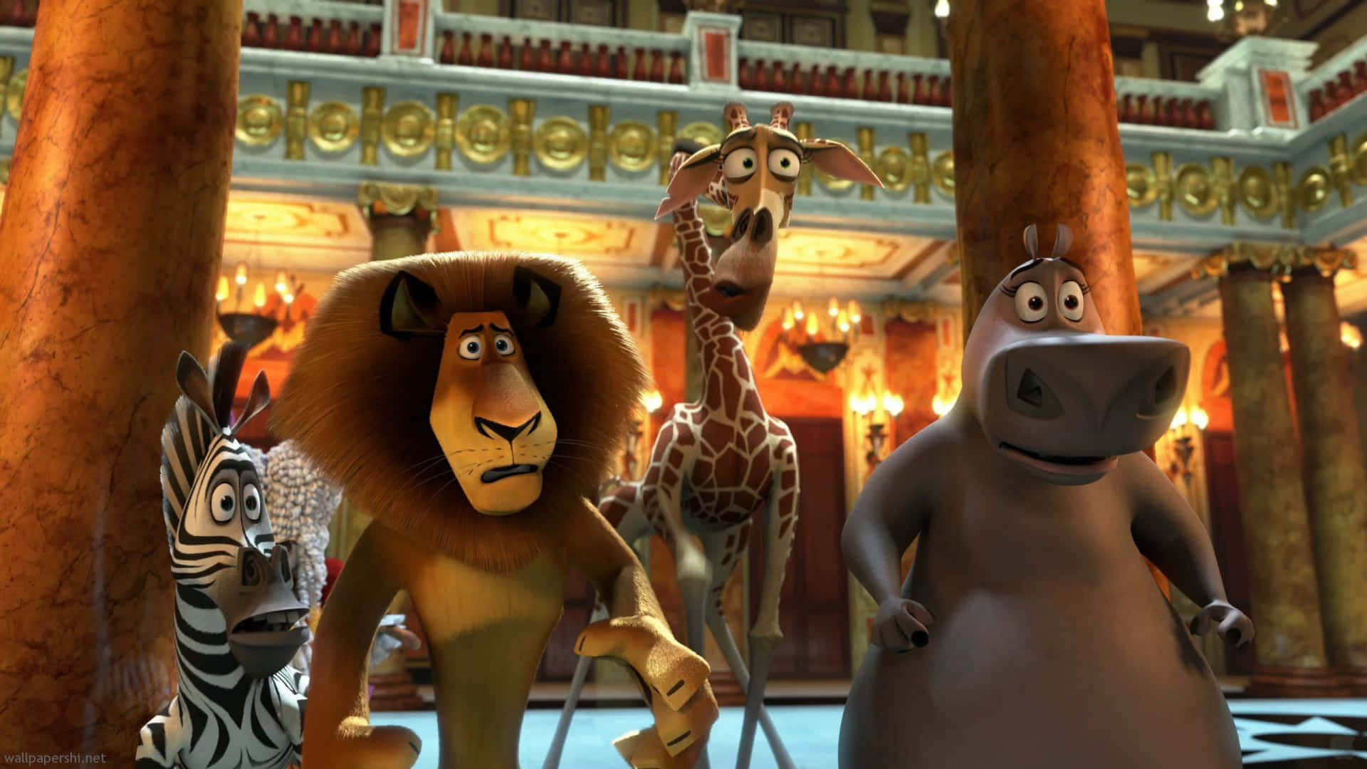 Madagascar3 Characters In Circus Lobby Background