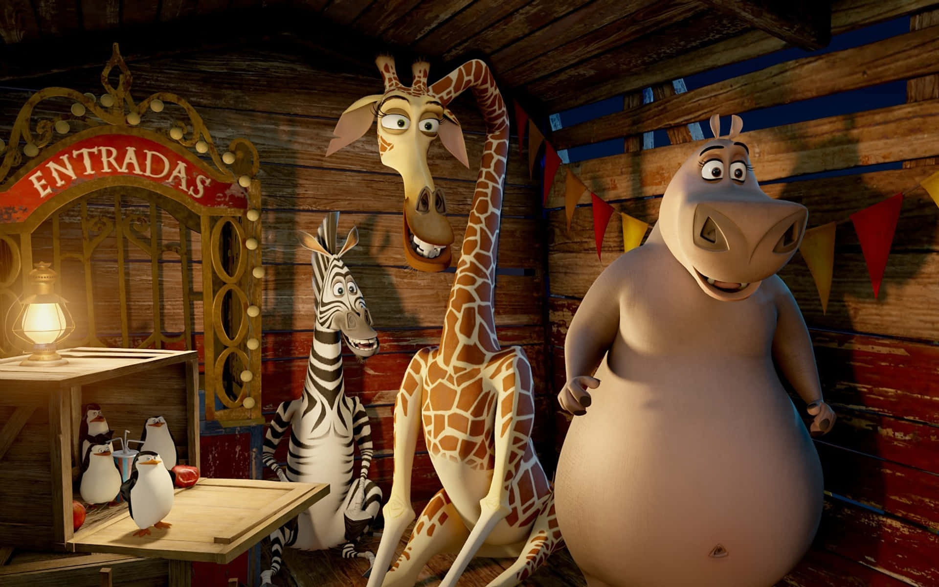 Madagascar3 Charactersin Circus Booth Background