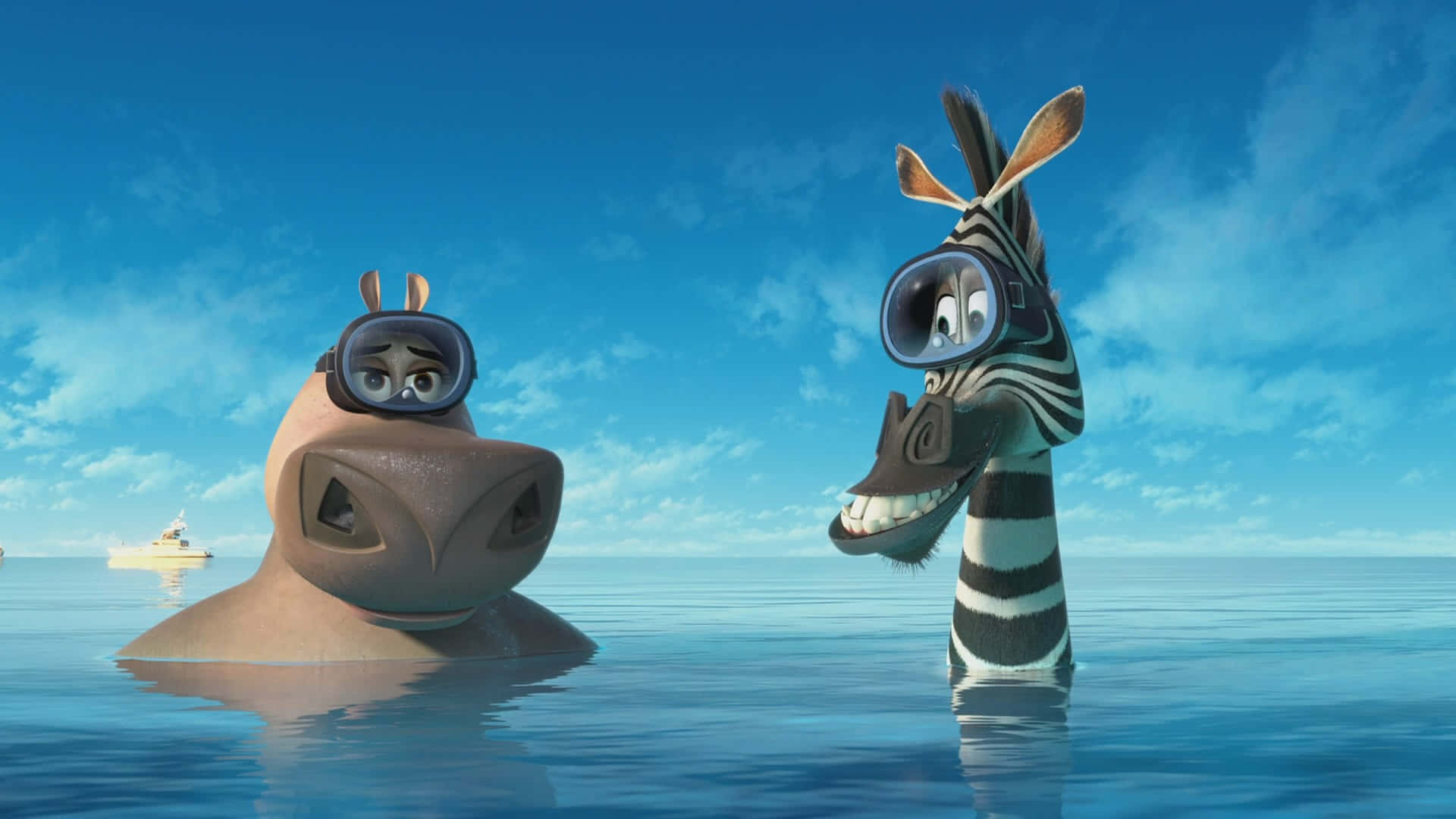 Madagascar3 Hippoand Zebra At Sea Background
