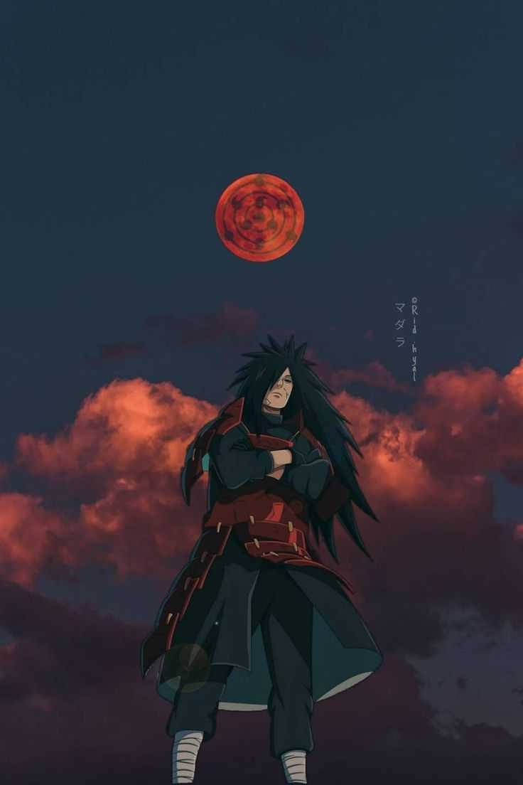 Madara Uchiha Under Red Moon Background