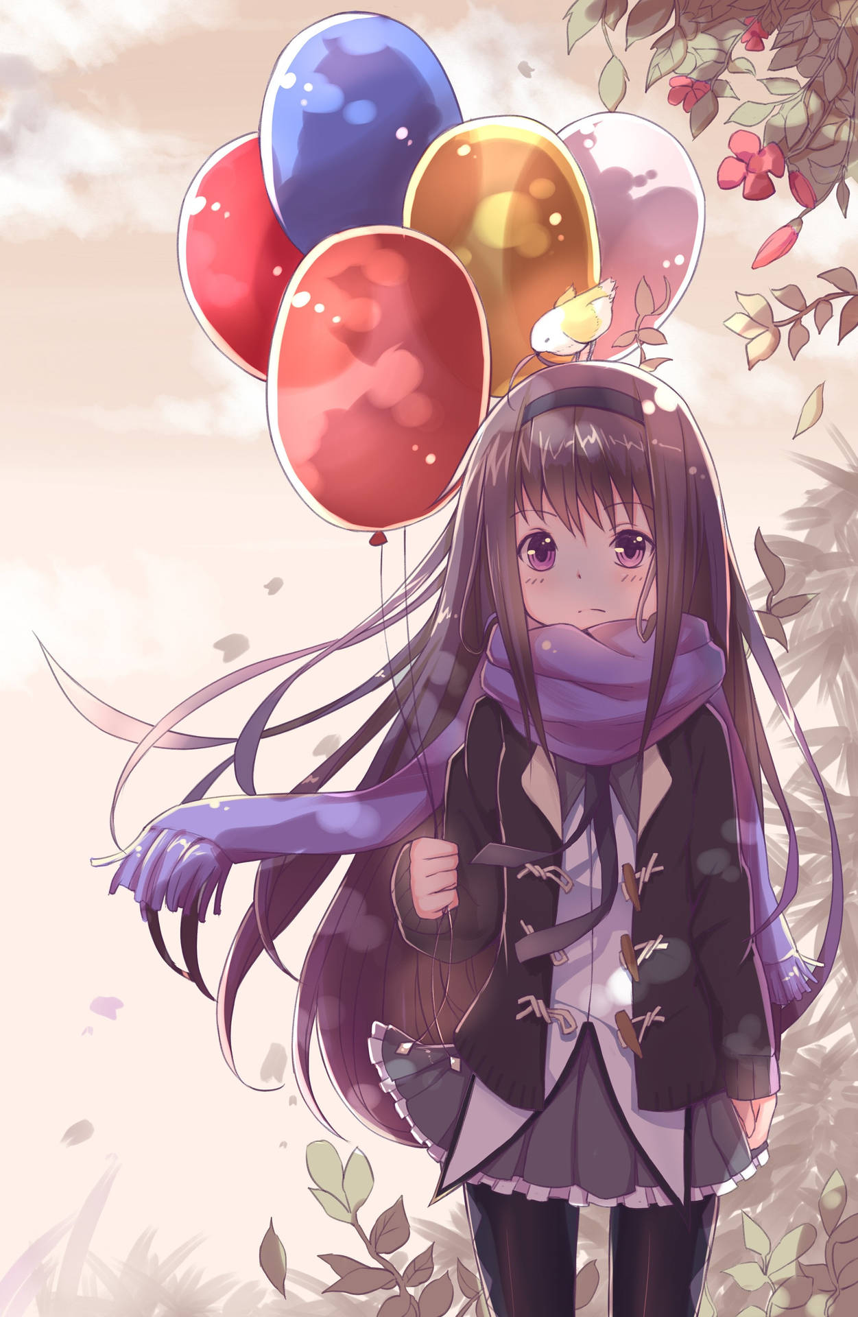 Madoka Magica Akemi Holding Balloons Background