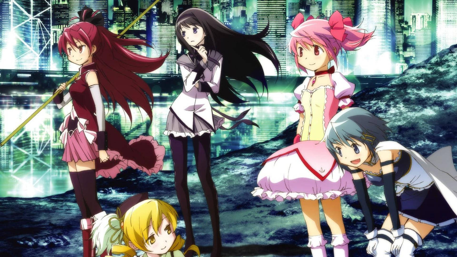 Madoka Magica Characters In City Background
