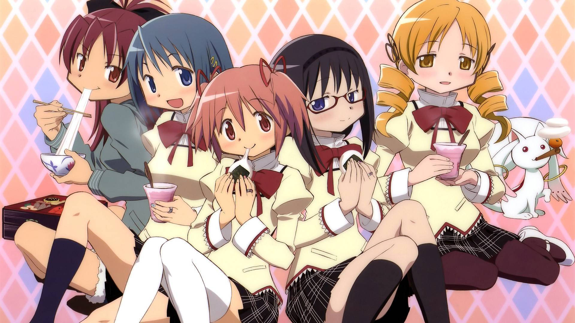 Madoka Magica Characters On A Picnic Background