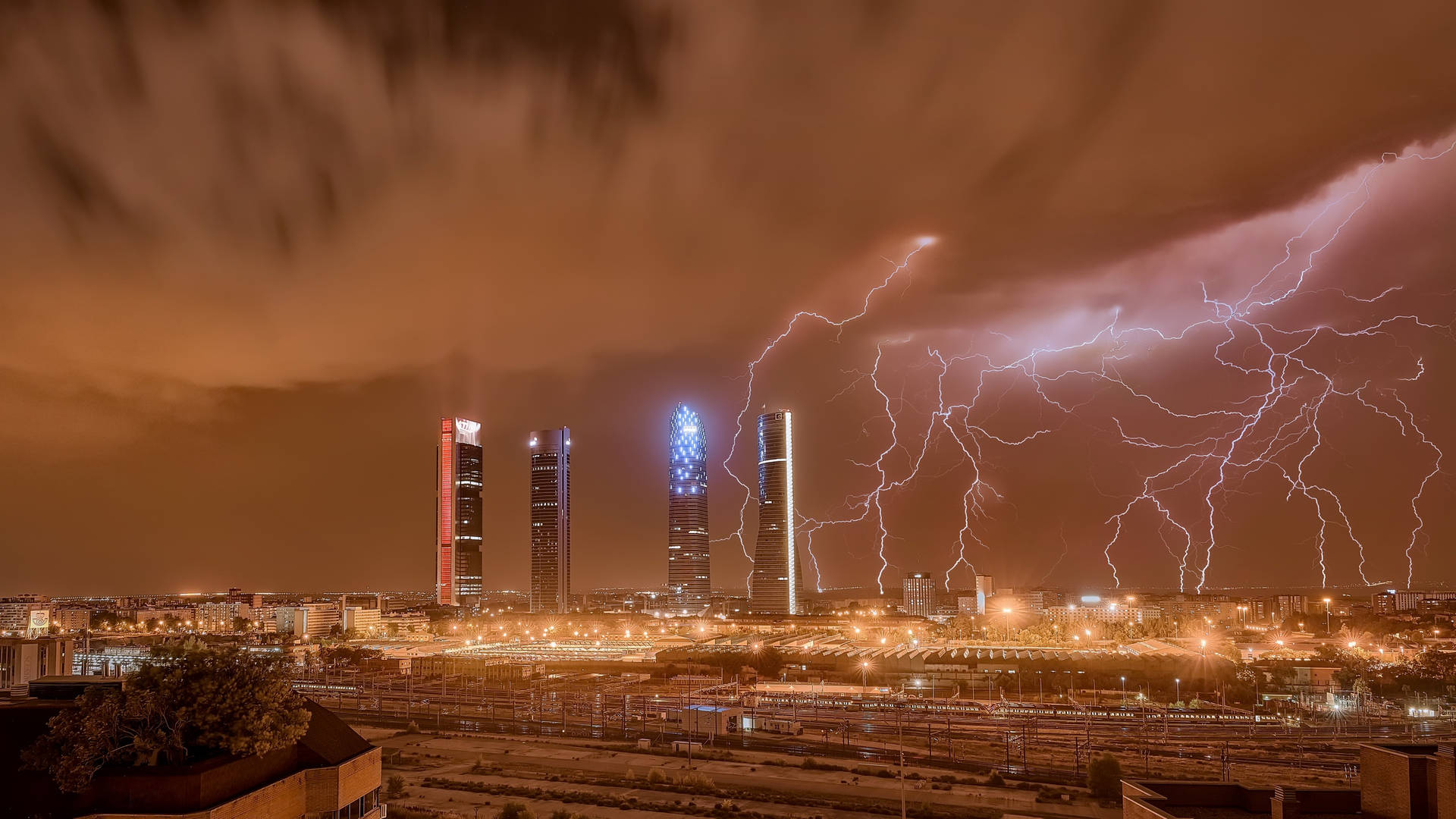 Madrid Spain Skyline Lightning Background