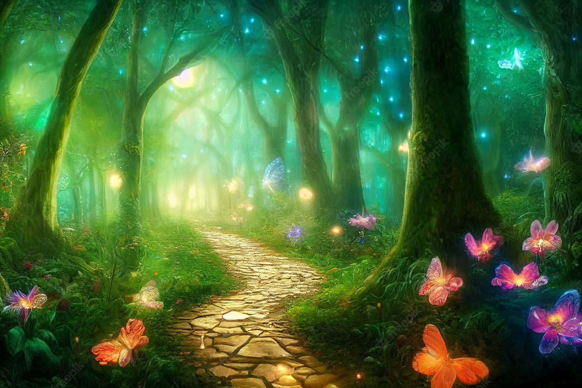 Magical Forest With Glowing Butterflies Background