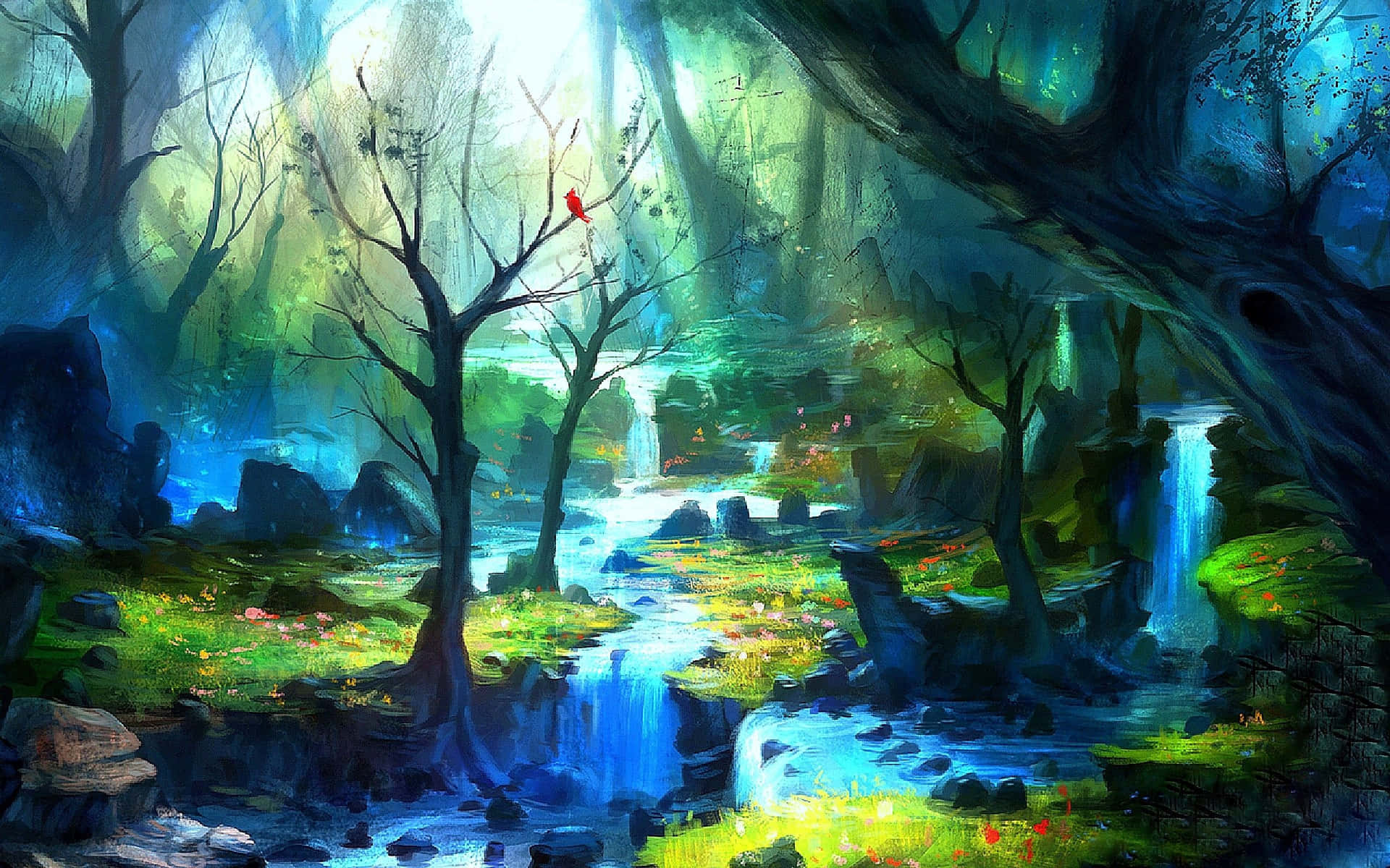 Magical Forest With Glowing Waterfalls Background