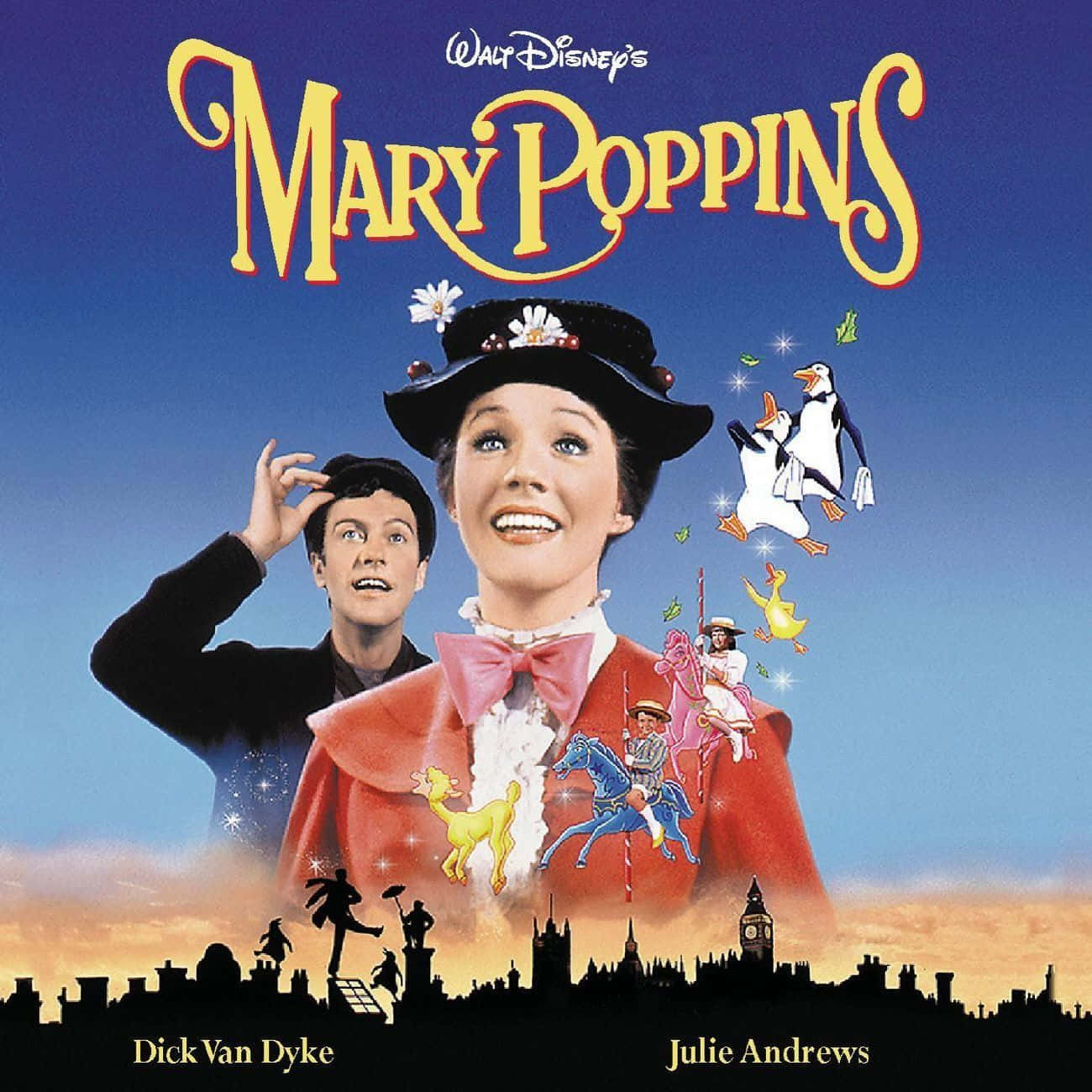 Magical Mary Poppins Soars High Above The Clouds Background