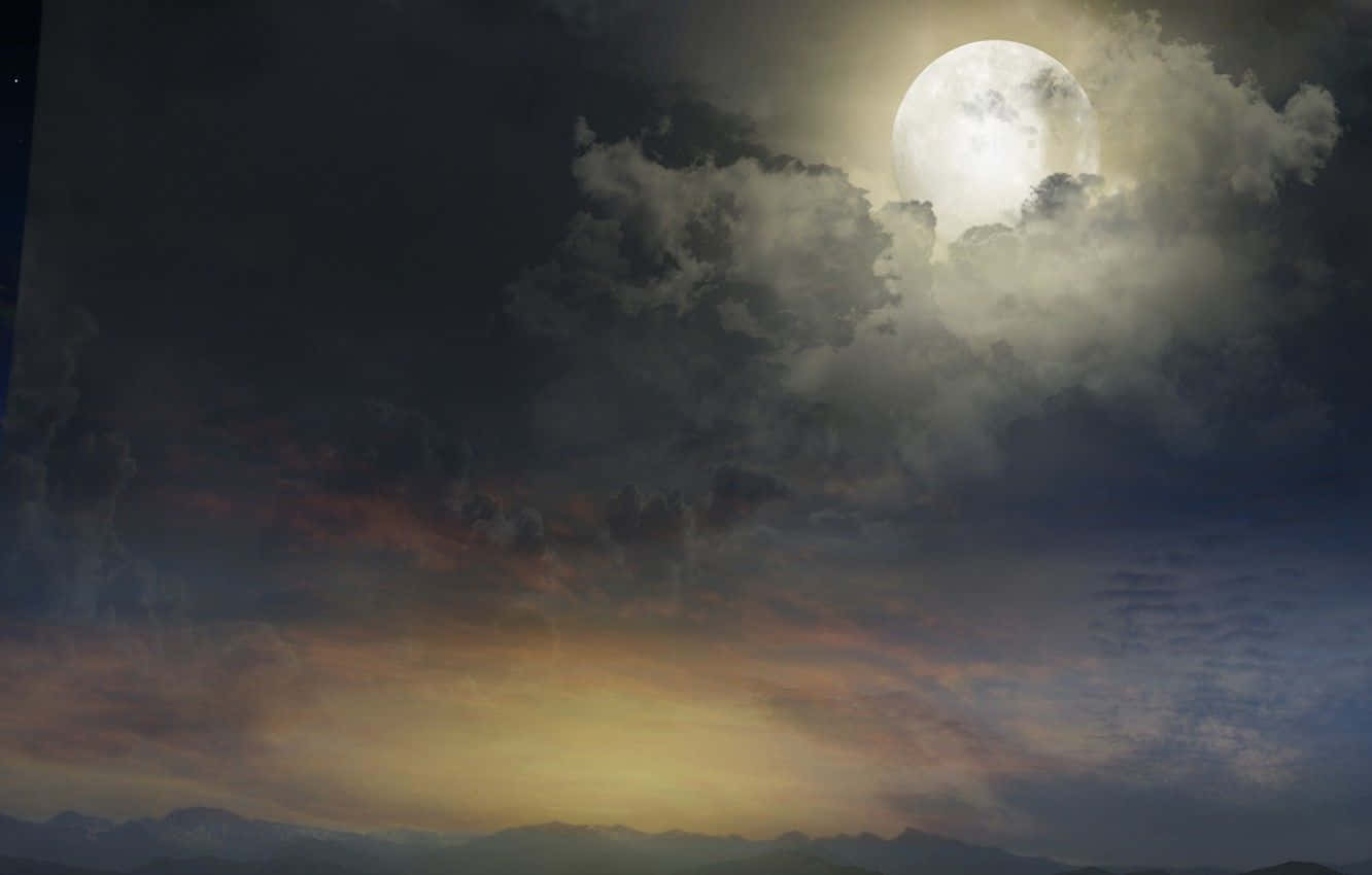 Magical Night Sky With Bright Full Moon With Large Clouds