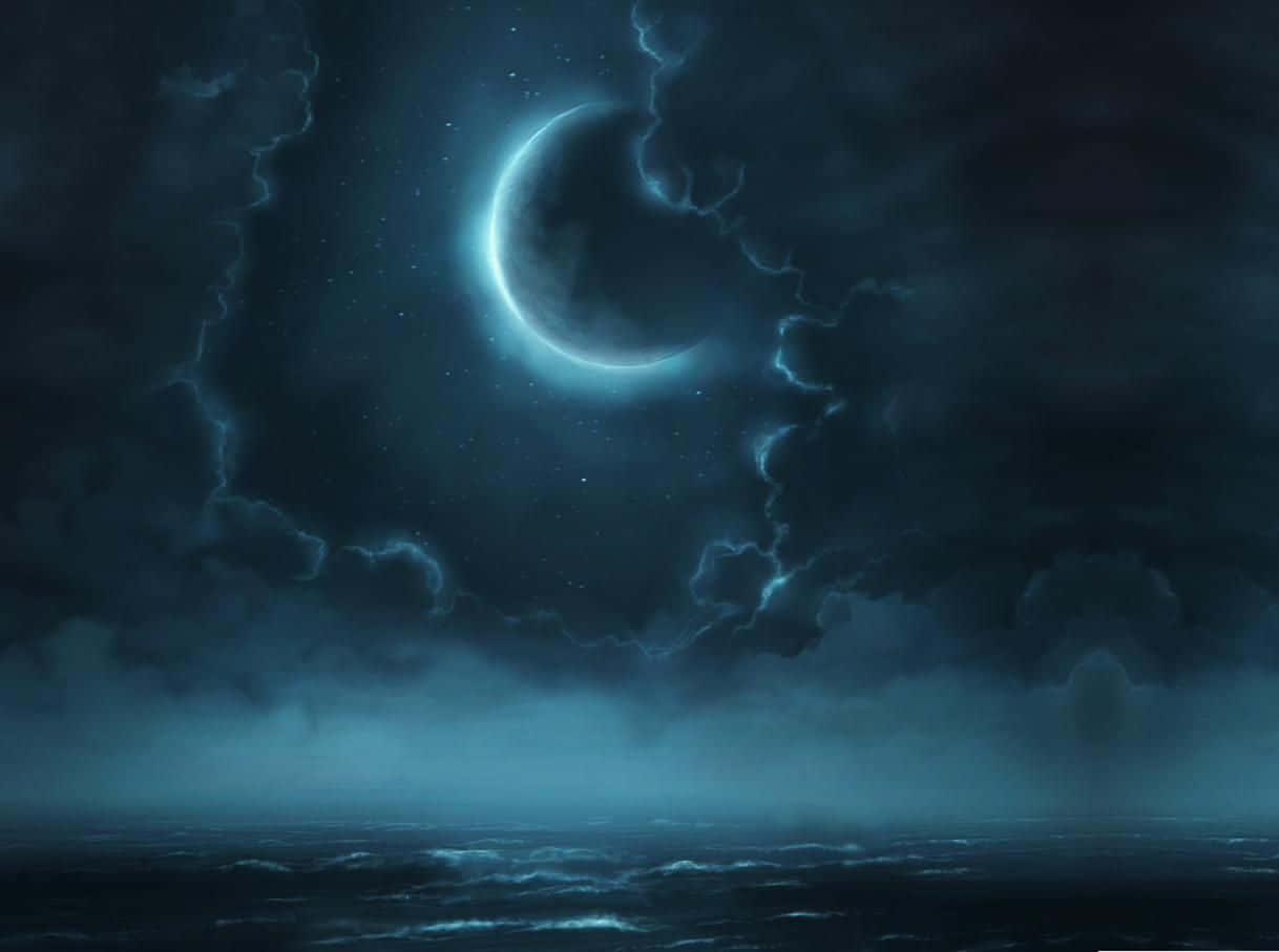 Magical Night Sky With Clouds Around Moon In A Misty Sea Background