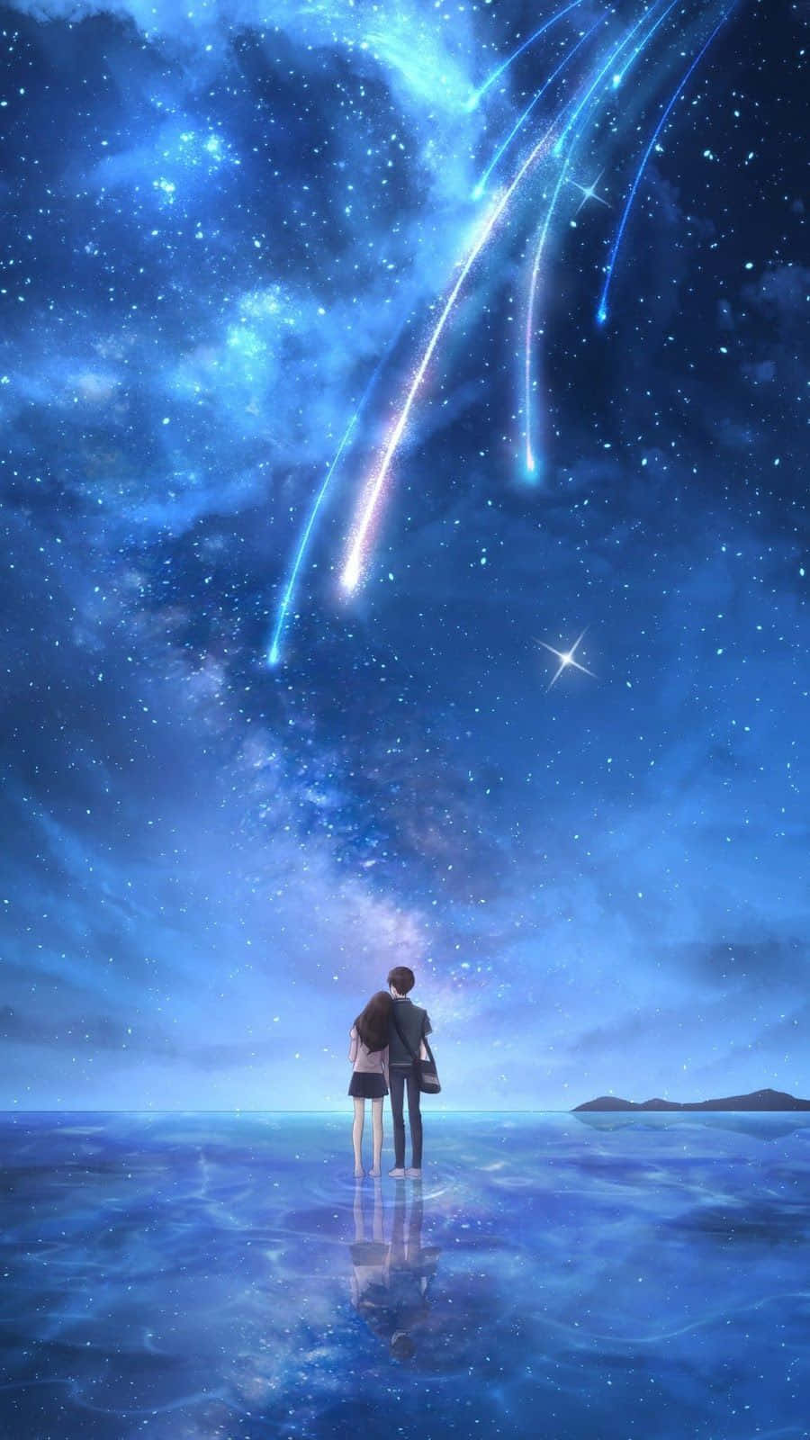 Magical Night Sky With Couple With Many Shooting Stars Background