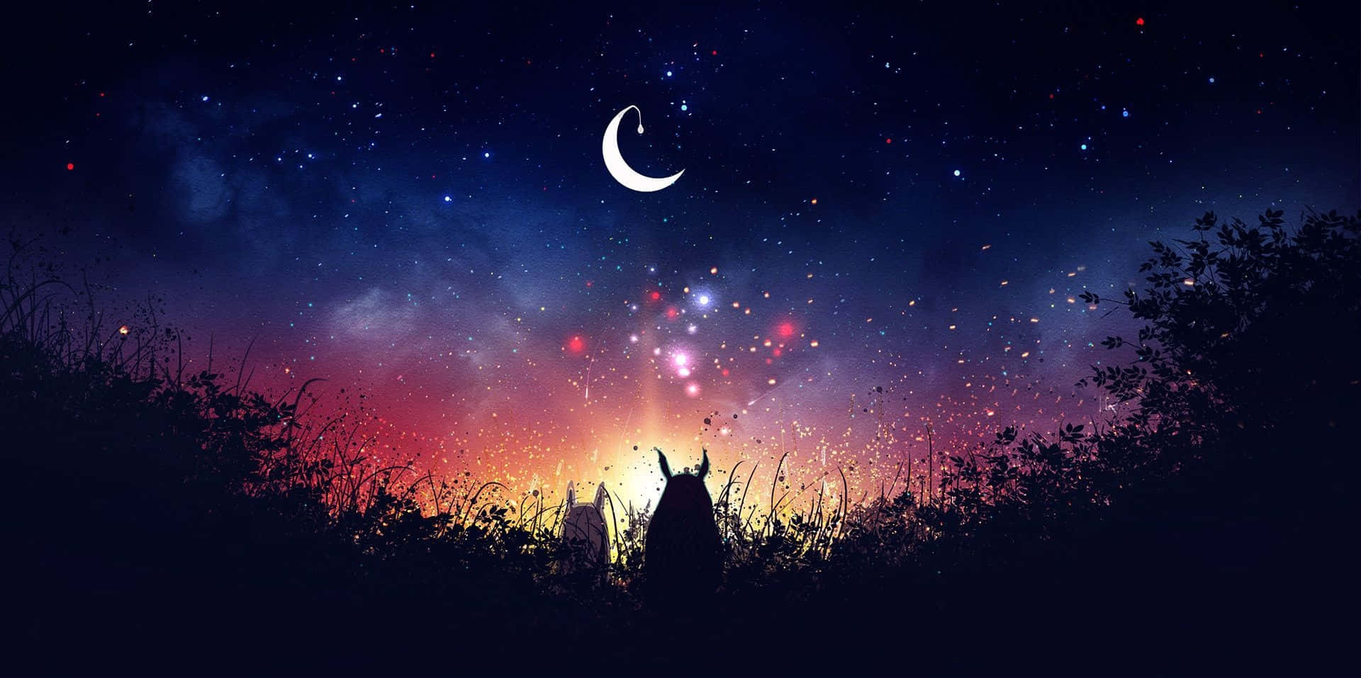 Magical Night Sky With Crescent Moon And Glowing Stars Background